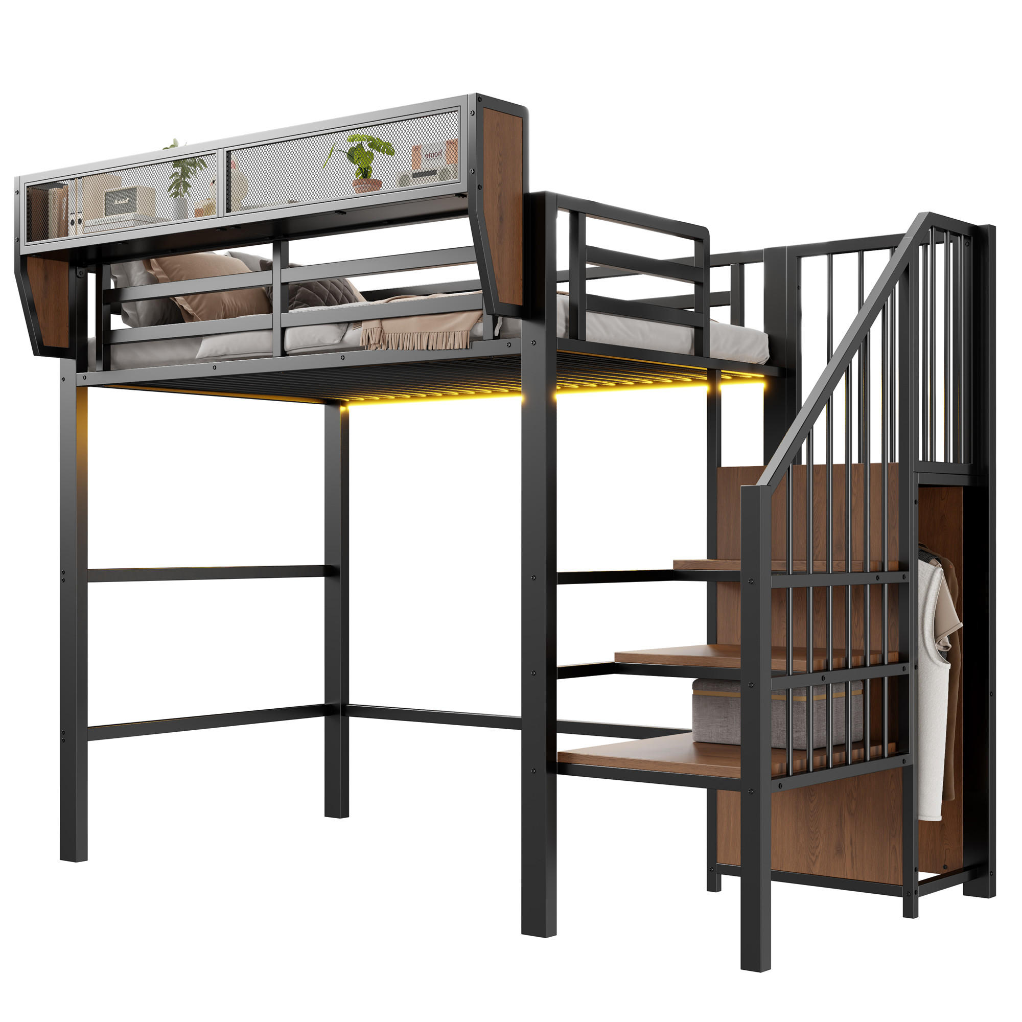 HOCHBETT Schwarz aus Metall 90×200cm mit Sicherheitsleiter, flexiblem Regal und farbwechselnder LED-Beleuchtung - Schwarz, Metall (90/200cm) - Luhomfu