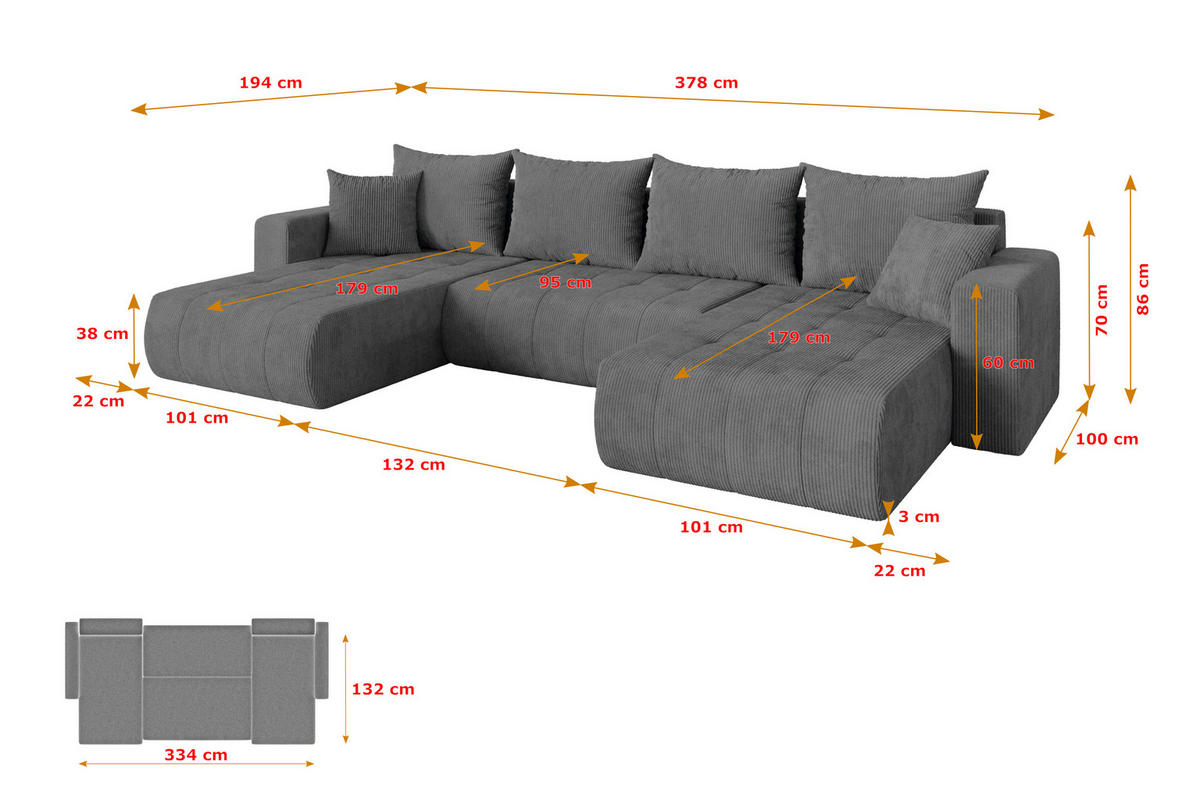 SEDACÍ SOUPRAVA DO U s funkcí spaní a úložným prostorem MILA-U 378x194x86 tmavě šedá manšestr - černá/tmavě šedá, kompozitní dřevo/textil (378/86/194cm) - ALTDECOR