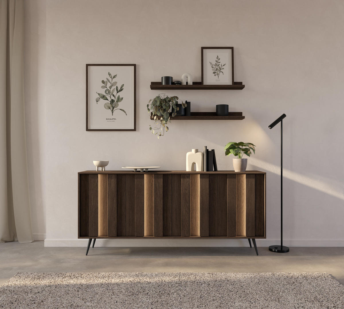 SIDEBOARD LUPO C 183 cm Eiche Dunin - mit 4 Türen, LED und Metallfüßen - Eichefarben/Schwarz, Holz/Holzwerkstoff (183/83/40cm) - Ravio