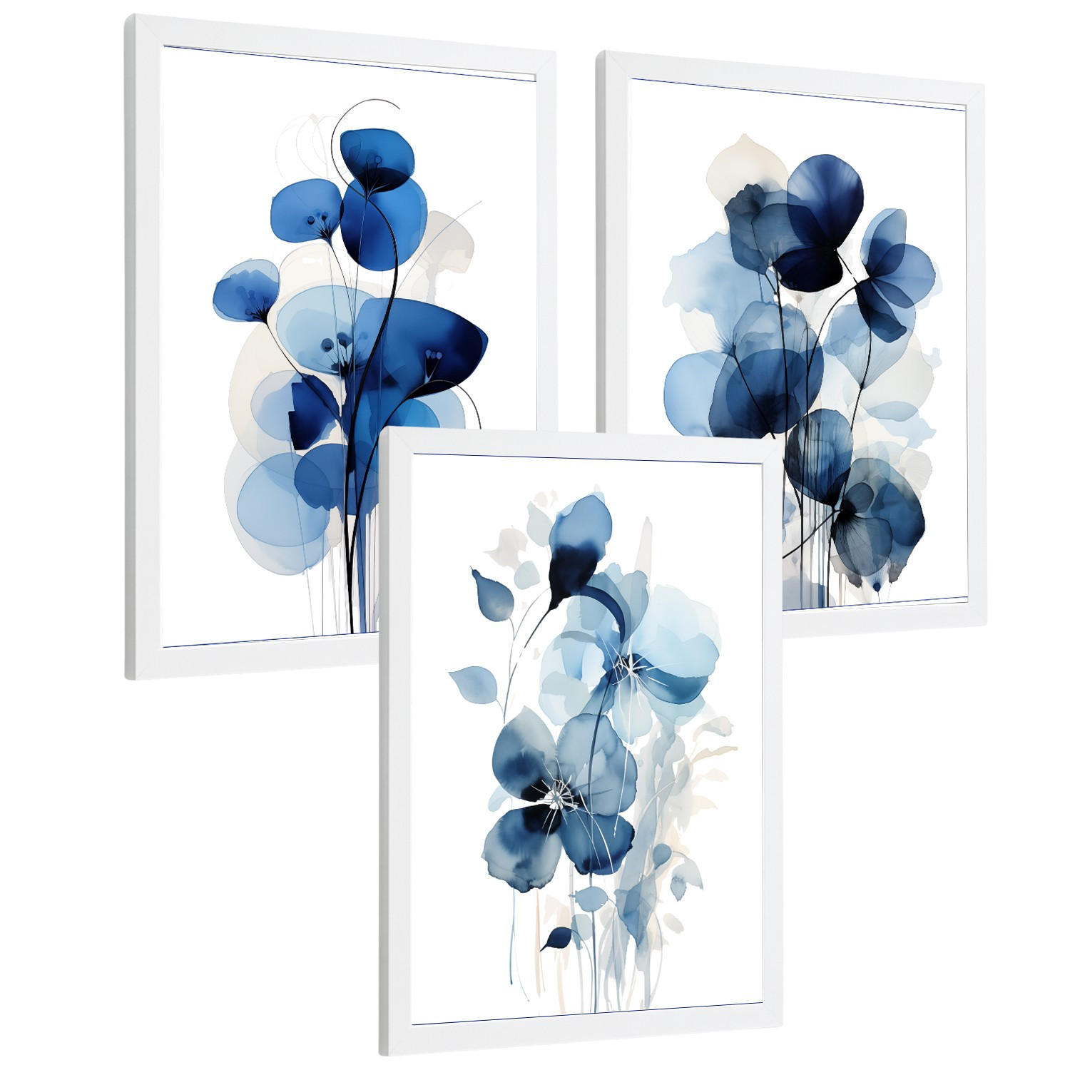 POSTER 3er-Set Wandbilder Blumen Blau modern Wohnzimmer Deko, Schlafzimmer, Küche, Badezimmer Weißer Rahmen A4 - Weiß, Papier (29.7/1/21cm) - Nacnic