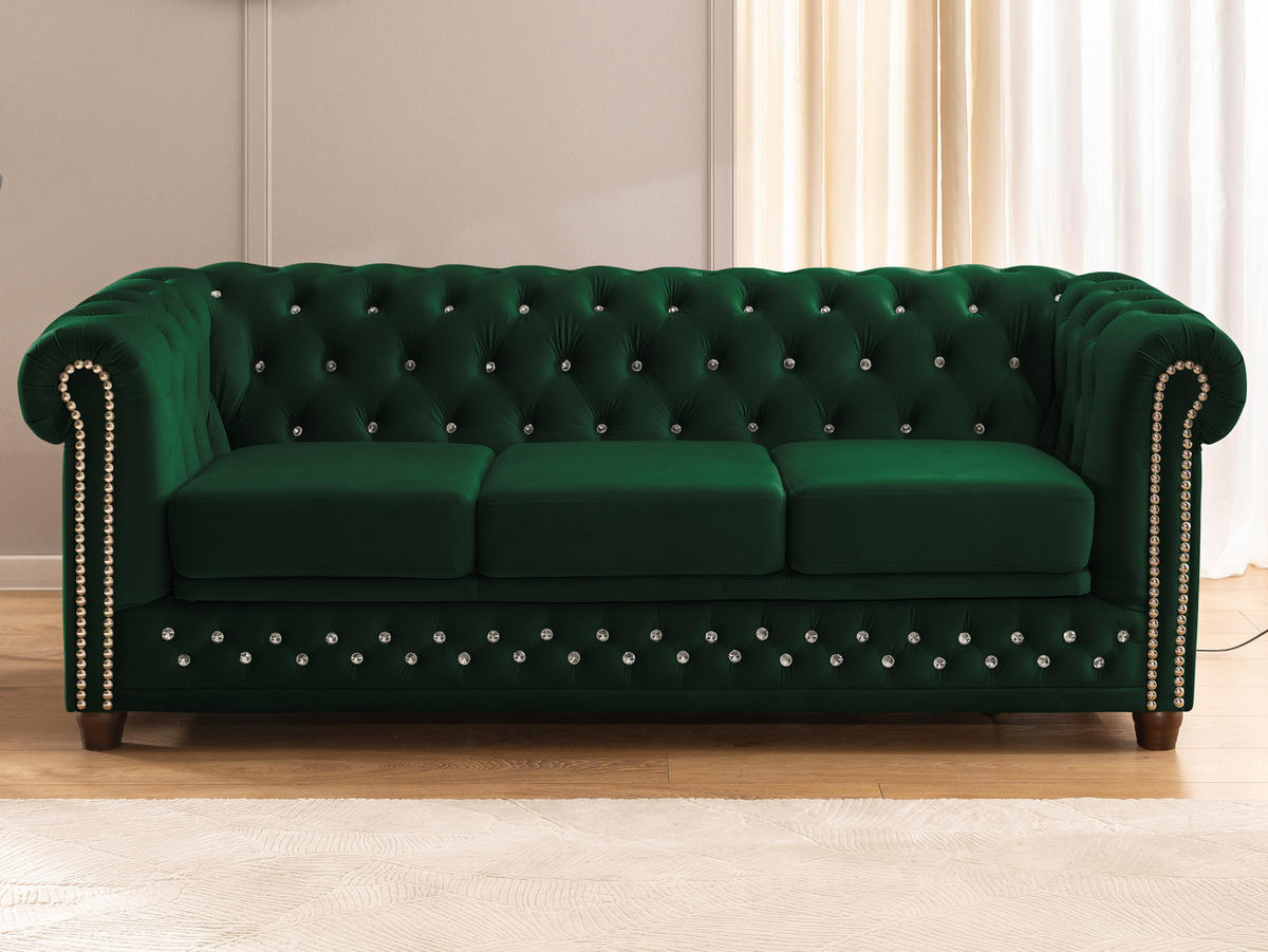 CHESTERFIELD-SOFA 3-Sitzer mit Schlaffunktion Cleo Blink Flasche Grün Samt mit Kristallsteppung und braunen Massivholzfüßen - Braun/Grün, Holz/Textil (203/72/86cm) - S-Style Möbel