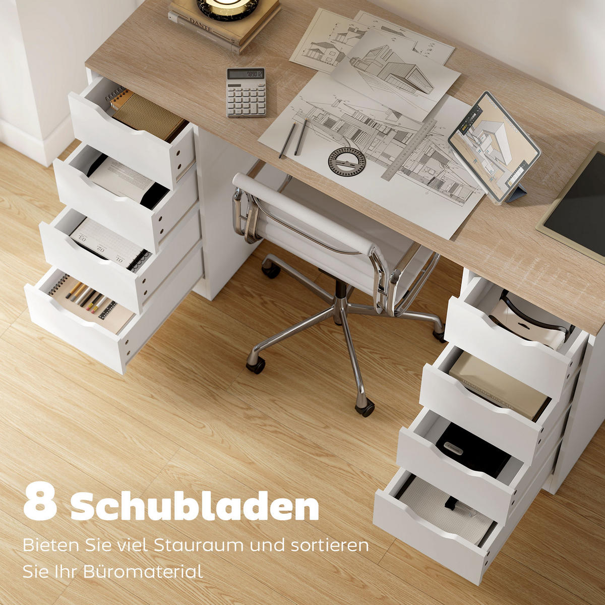 SCHREIBTISCH mit 8 Schubladen Moderner Bürotisch 140 x 53 x 75 cm Weiß - Weiß, Holzwerkstoff (140/53/75cm) - HOMCOM