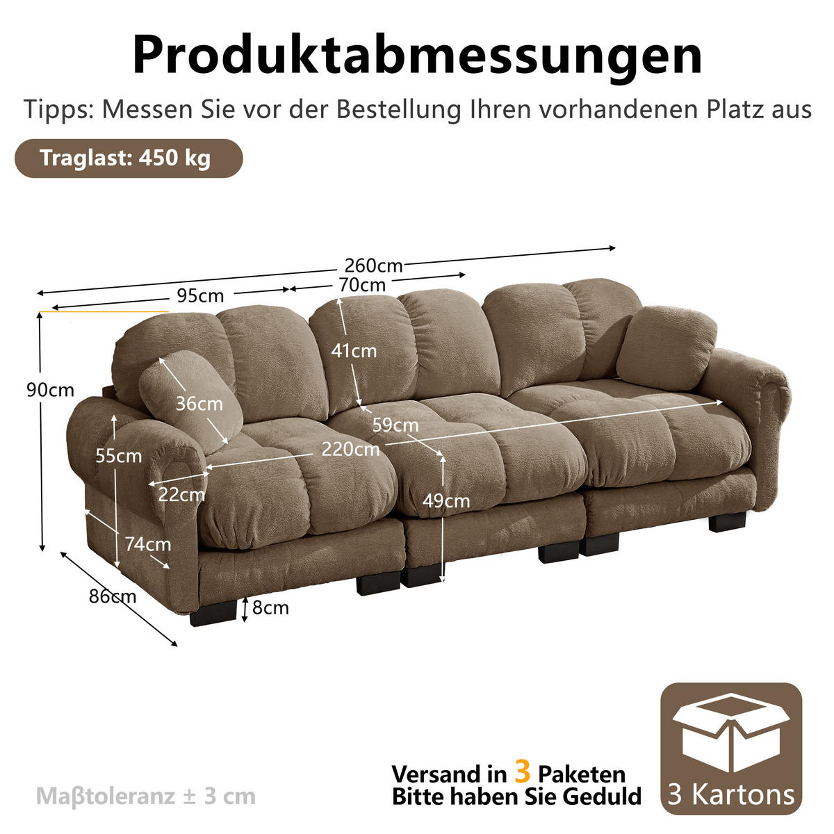 3-SITZER-SOFA DE-34384 Steppdesign und 2 Dekokissen Braun - Braun, Textil (86/90/260cm) - ComfortXL