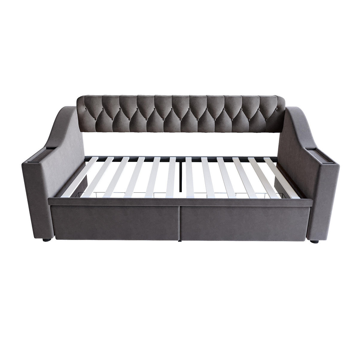 POLSTERBETT 90/190 cm Dunkelgrau mit USB- und Type-C-Anschlüssen und Stauraum - Grau, Textil (90/190cm) - Flora Grace