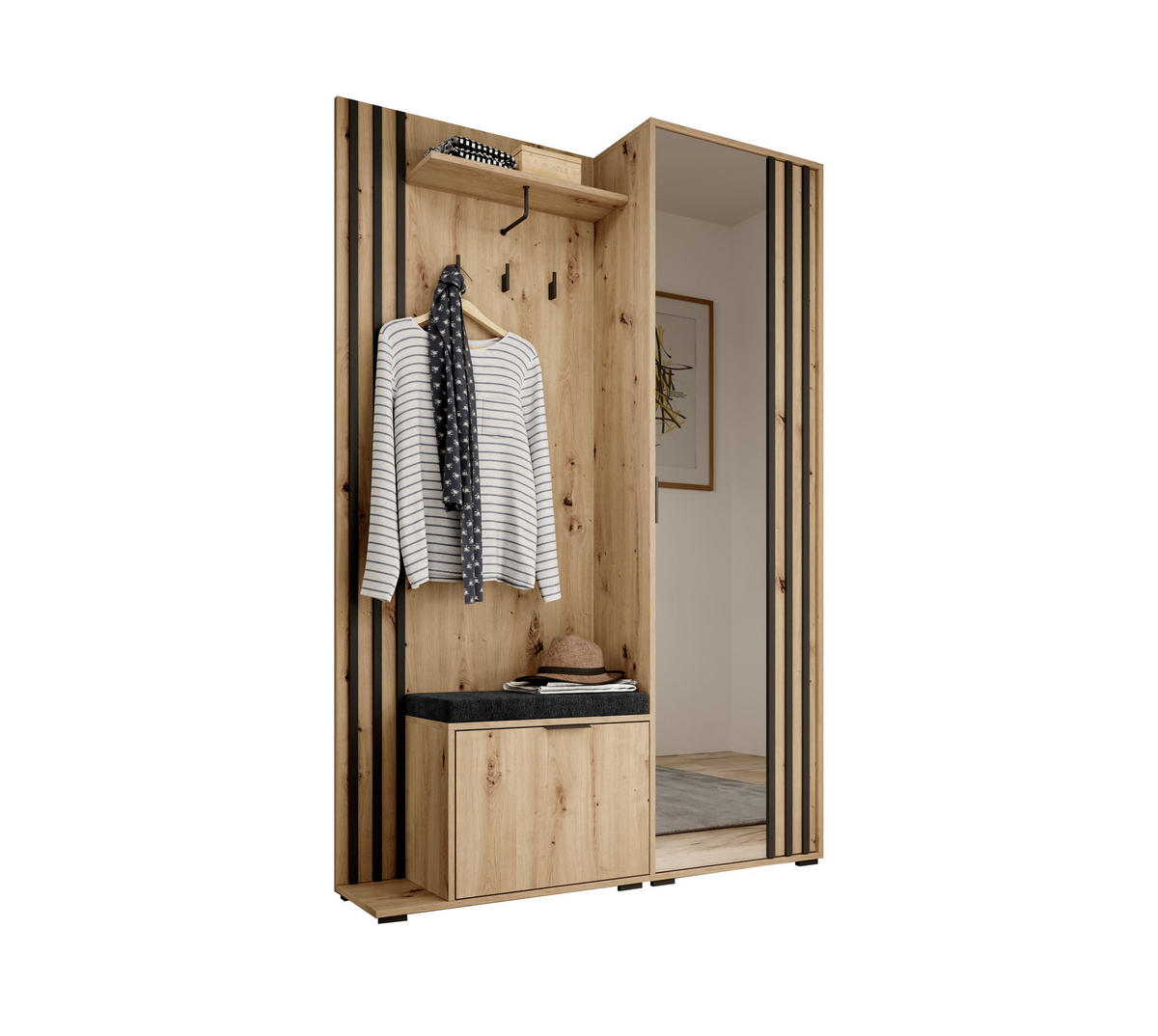 GARDEROBENSCHRANK - JOHN (Artisan + Mit Kissen) - Eiche Artisan, Holzwerkstoff (135/197/40cm)
