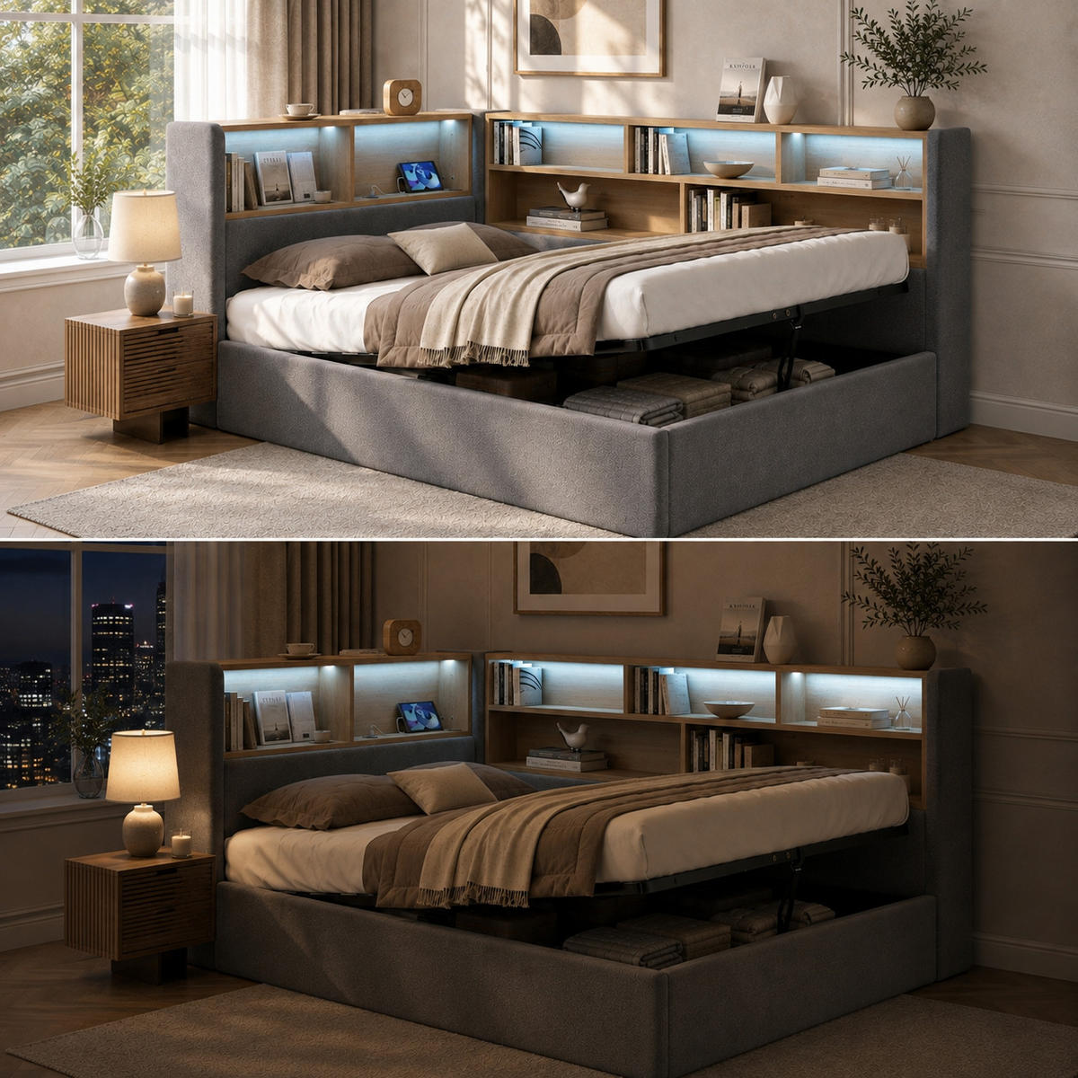 BETT 140/200 mit Bettkasten, LED und USB-C in Grau - Grau, Holzwerkstoff/Textil (140/200cm) - EVRYAE