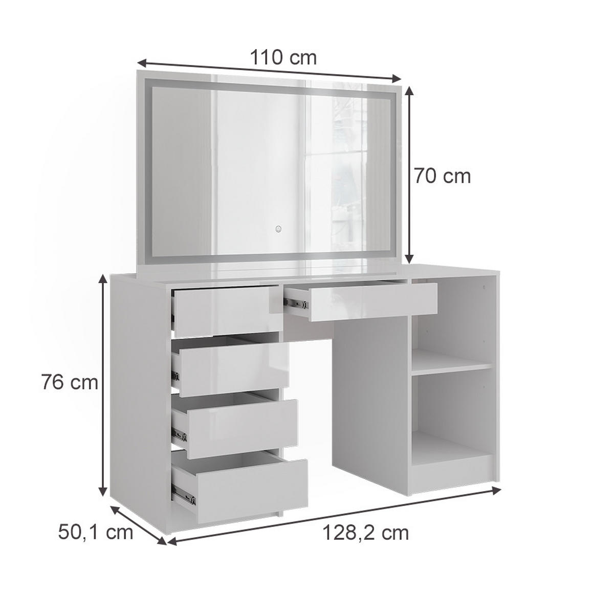 SCHMINKTISCH Sherry Weiß/Weiß Hochglanz 128.2 cm mit LED-Spiegel - Weiß Hochglanz, Holzwerkstoff (128.2/76/50.1cm) - Vicco