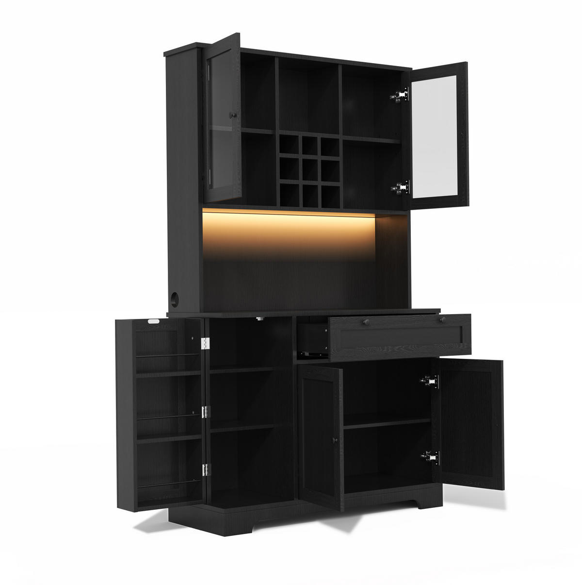 BUFFETSCHRANK 40/100/185 cm mit LED-Beleuchtung, Steckdose und verstellbaren Einlegeböden, Schwarz/Natur - Schwarz, Holzwerkstoff (100/185/40cm) - Redom