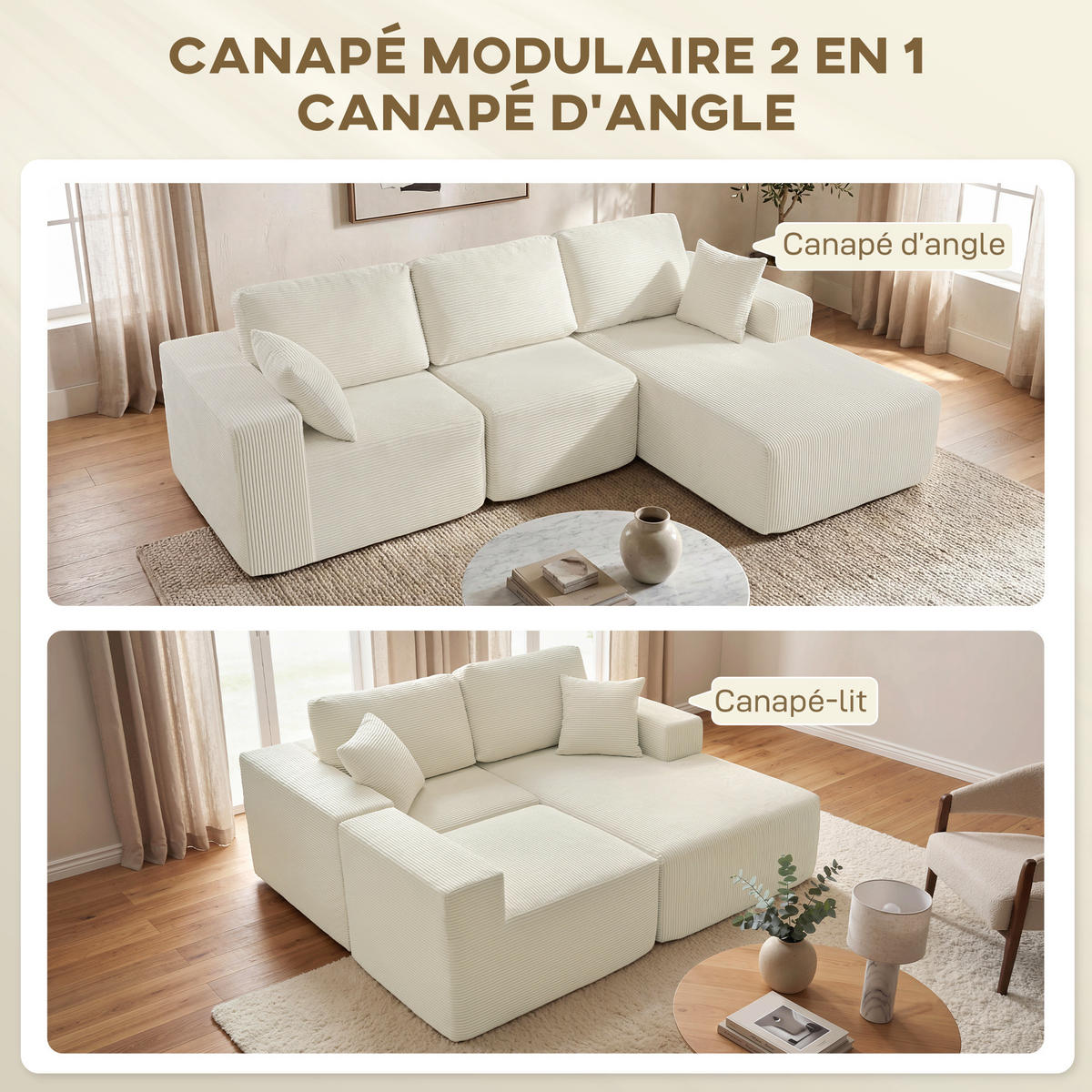ECKSOFA DE-13510 2-in-1, verwandelbar in Sofabett Creme - Creme, Textil (168/267cm) - ComfortXL