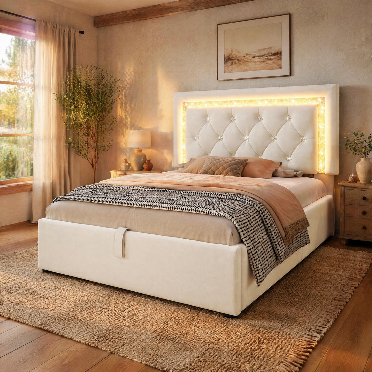 POLSTERBETT 90/200 mit Bettkasten, LED und USB in Beige - Beige, Holzwerkstoff/Textil (90/200cm) - EVRYAE