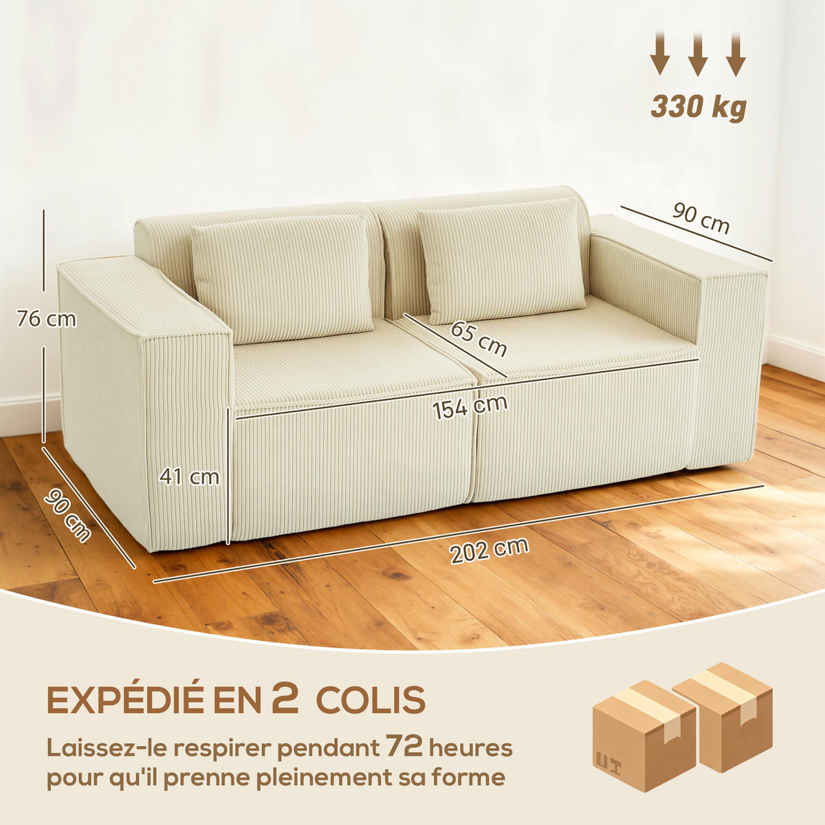 3-SITZER-SOFA DE-13482 mit breiten Armlehnen, Kordelsamt Beige - Beige, Textil (90/76/202cm) - ComfortXL