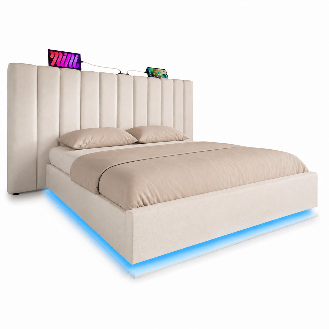 BETT mit Stauraum, LED und Ladefunktion 180x200 cm PU Weiß - Weiß, Metall (180/200cm) - Meubliv