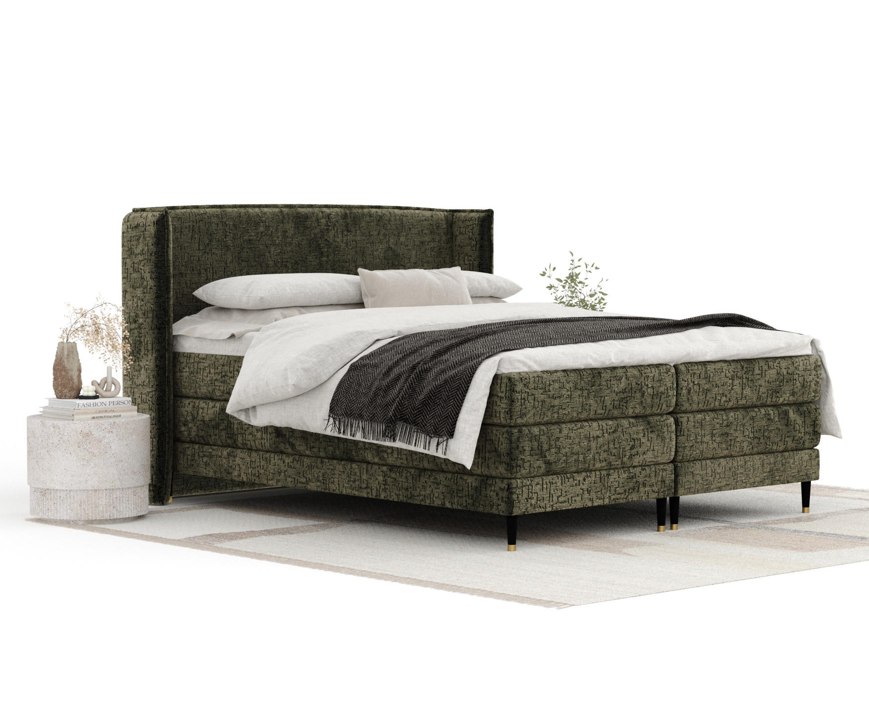 BOXSPRINGBETT Carizzo Olivenfarbe 140/200 cm mit Matratze und Topper - Schwarz/Olivgrün, Holz/Holzwerkstoff (140/200cm) - Maison de Reve