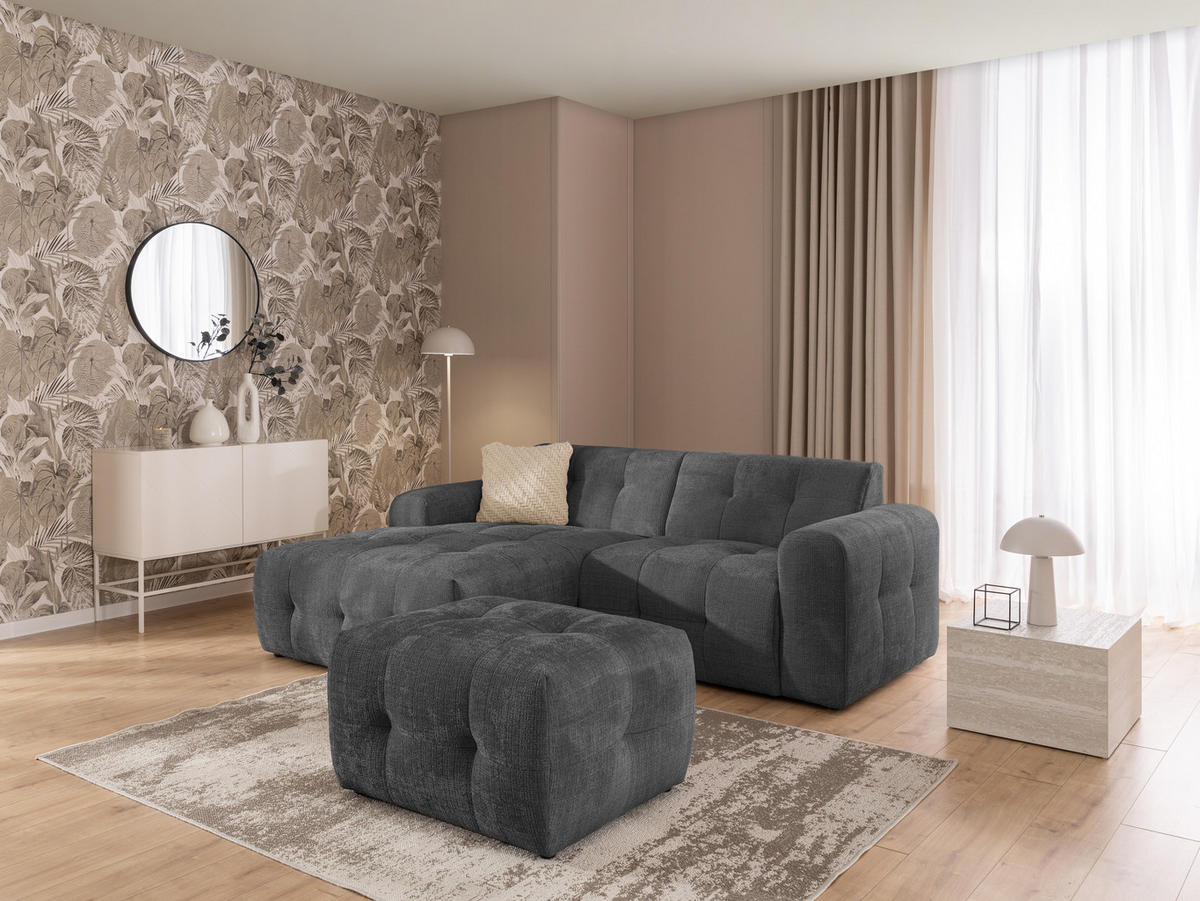 ECKSOFA inkl. Hocker Kozy im Bumpy-Design mit Schlaffunktion und fester Rückenlehne aus weichem Grau Chenille-Stoff - Ottomane links - Schwarz/Grau, Holz/Kunststoff (161/234cm) - S-Style Möbel