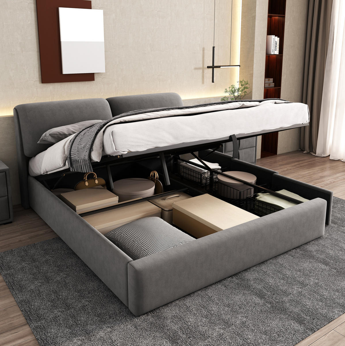 BETT mit Bettkasten und 3 Schubladen 160x200 cm Samt Grau - Grau, Metall (160/200cm) - Meubliv