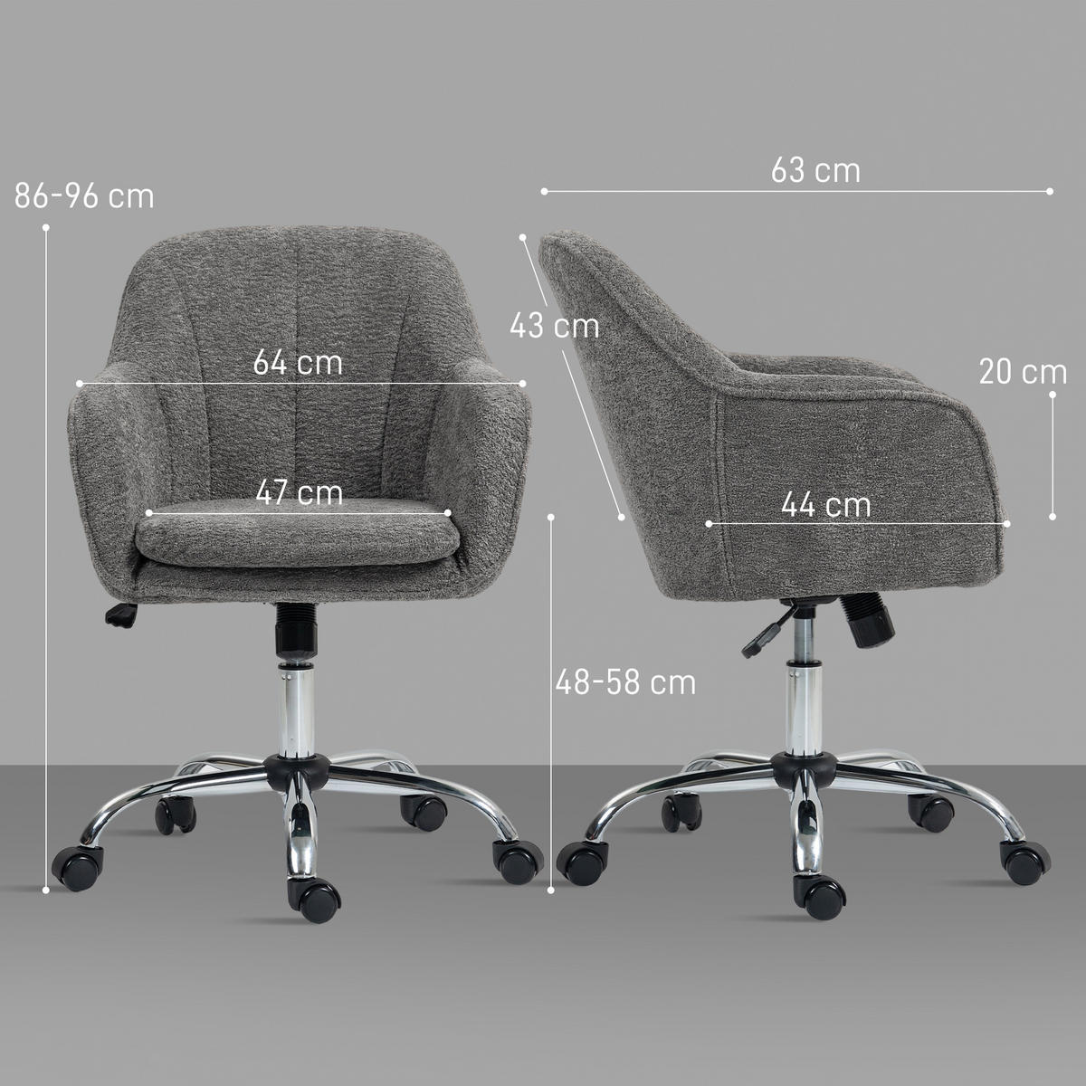 BÜROSTUHL Grau, Höhenverstellbar, Drehbar 360°, 64/63/86-96 cm - Grau, Metall (64/96/63cm) - PANGIVO