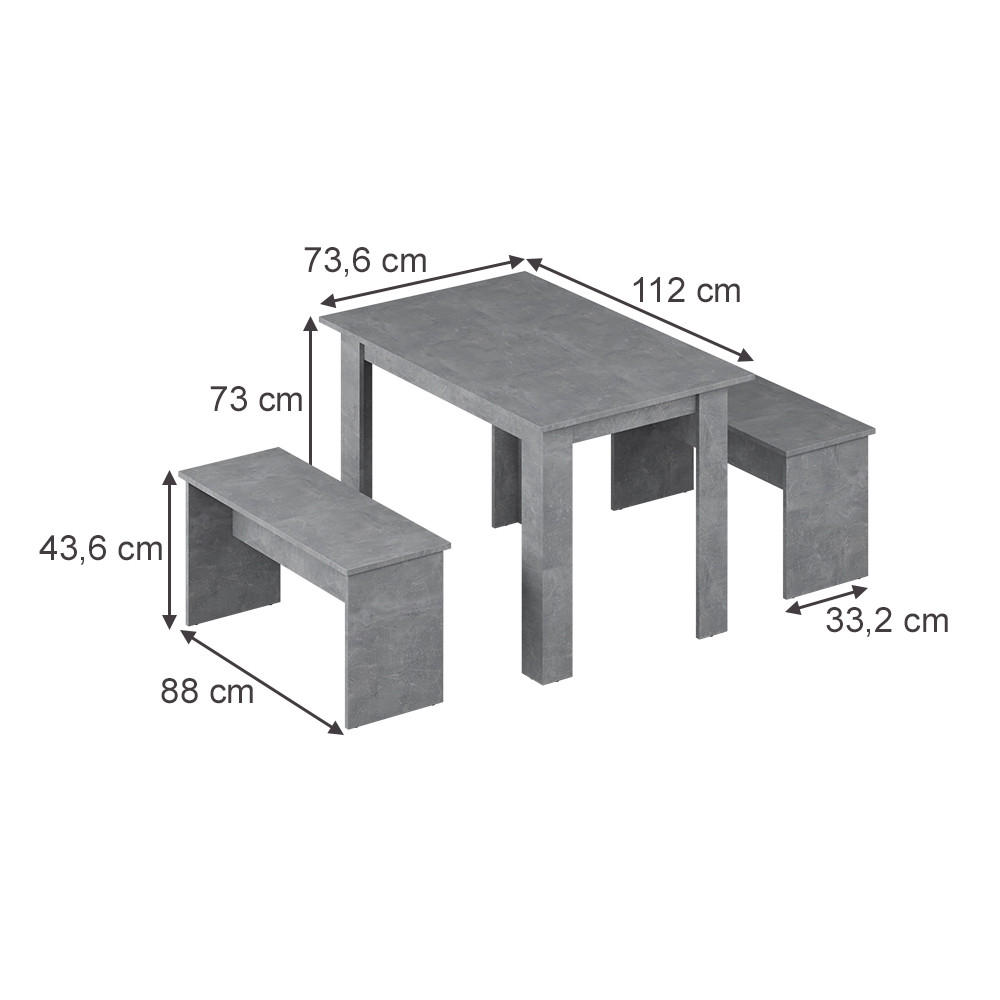 ESSTISCH SET Sentio Beton 112 x 73.6 cm mit 2 Bänken - Grau, Holzwerkstoff (112/73/73.6cm) - Vicco