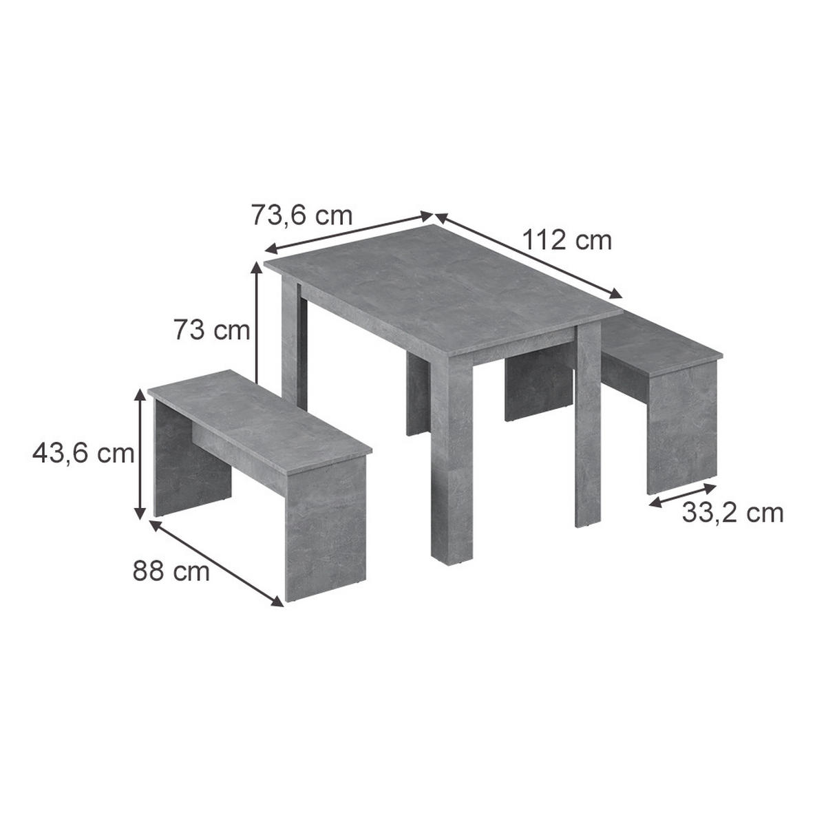 ESSTISCH SET Sentio Beton 112 x 73.6 cm mit 2 Bänken - Grau, Holzwerkstoff (112/73/73.6cm) - Vicco