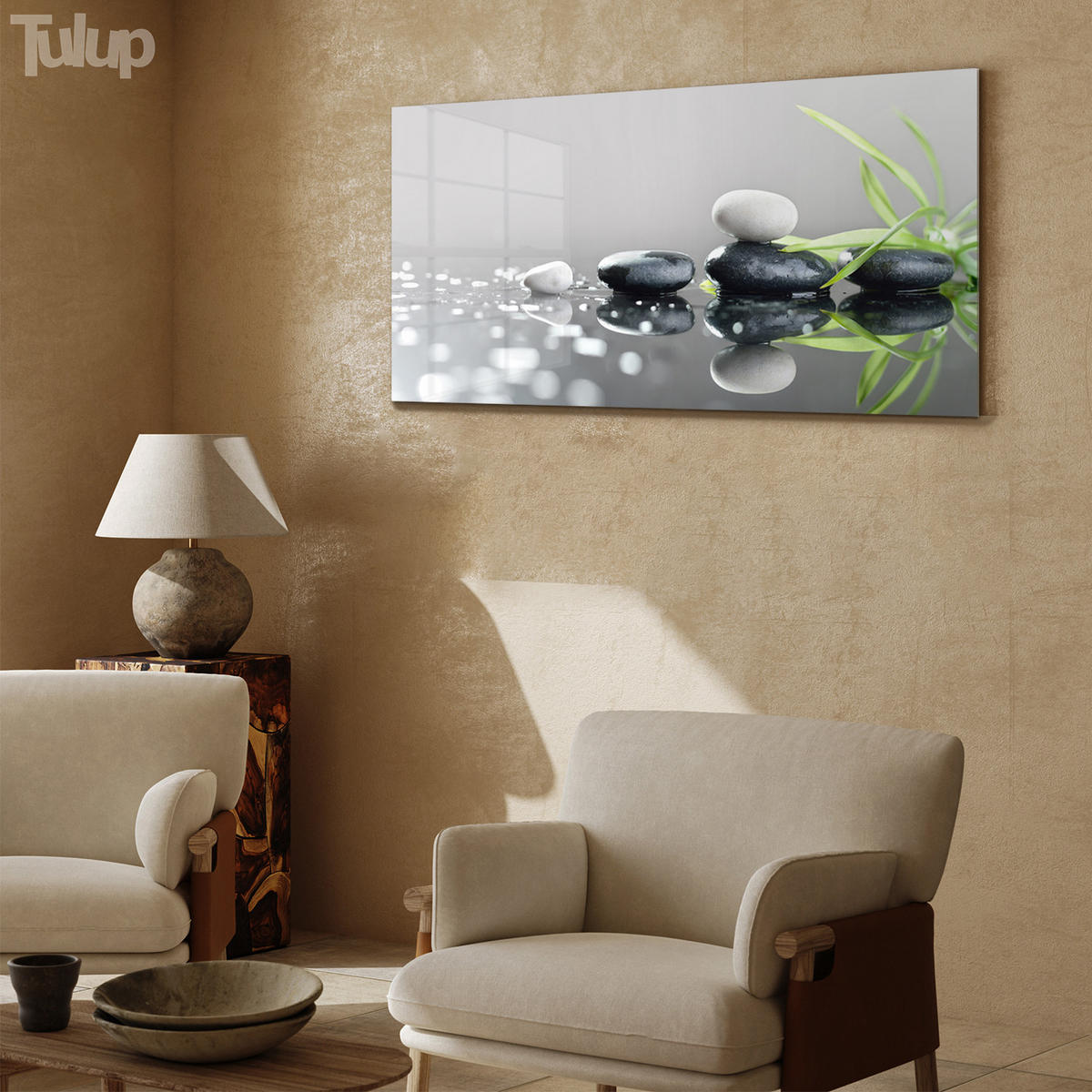 GLASBILD 120x60 cm Gras und Steine - Hellgrau, Glas (120/60cm) - TULUP