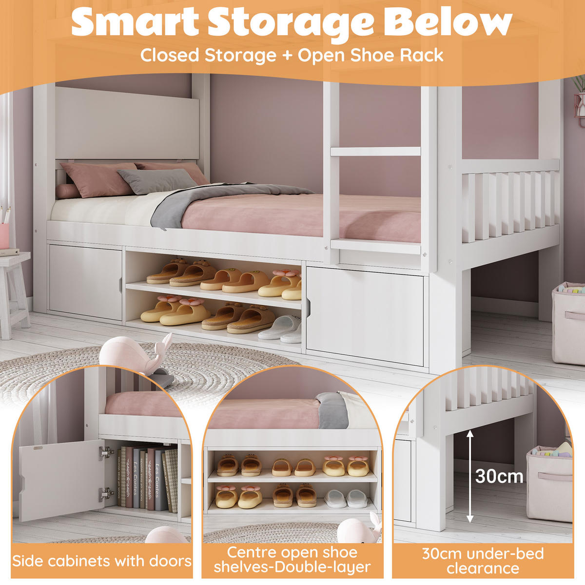 ETAGENBETT Mit Klappbarer Tischplatte Weiß 90x200 cm - Weiß, Holz (90/200cm) - ComfortXL