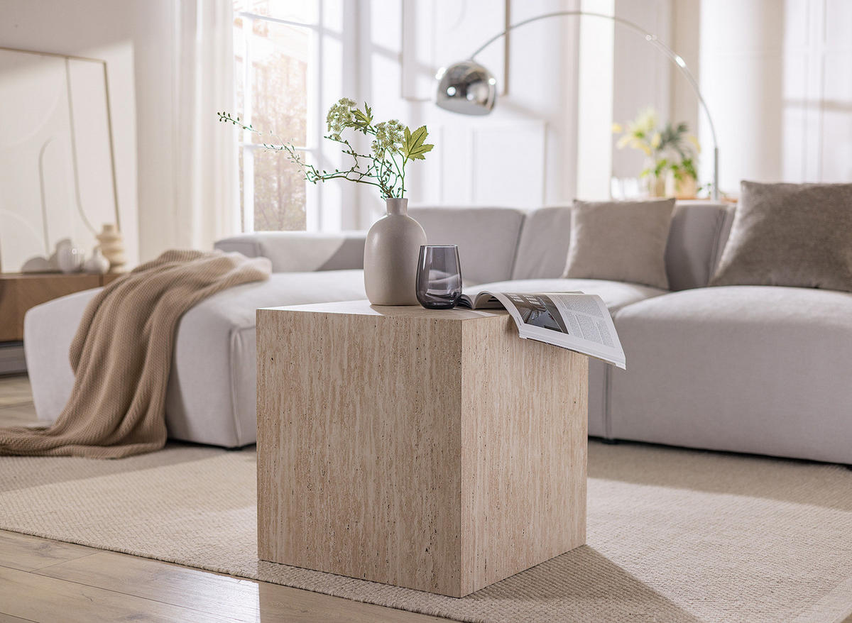 COUCHTISCH - quadratisch 48 cm - Travertin Dekor - Beige, Holzwerkstoff (48/48/50cm) - home24