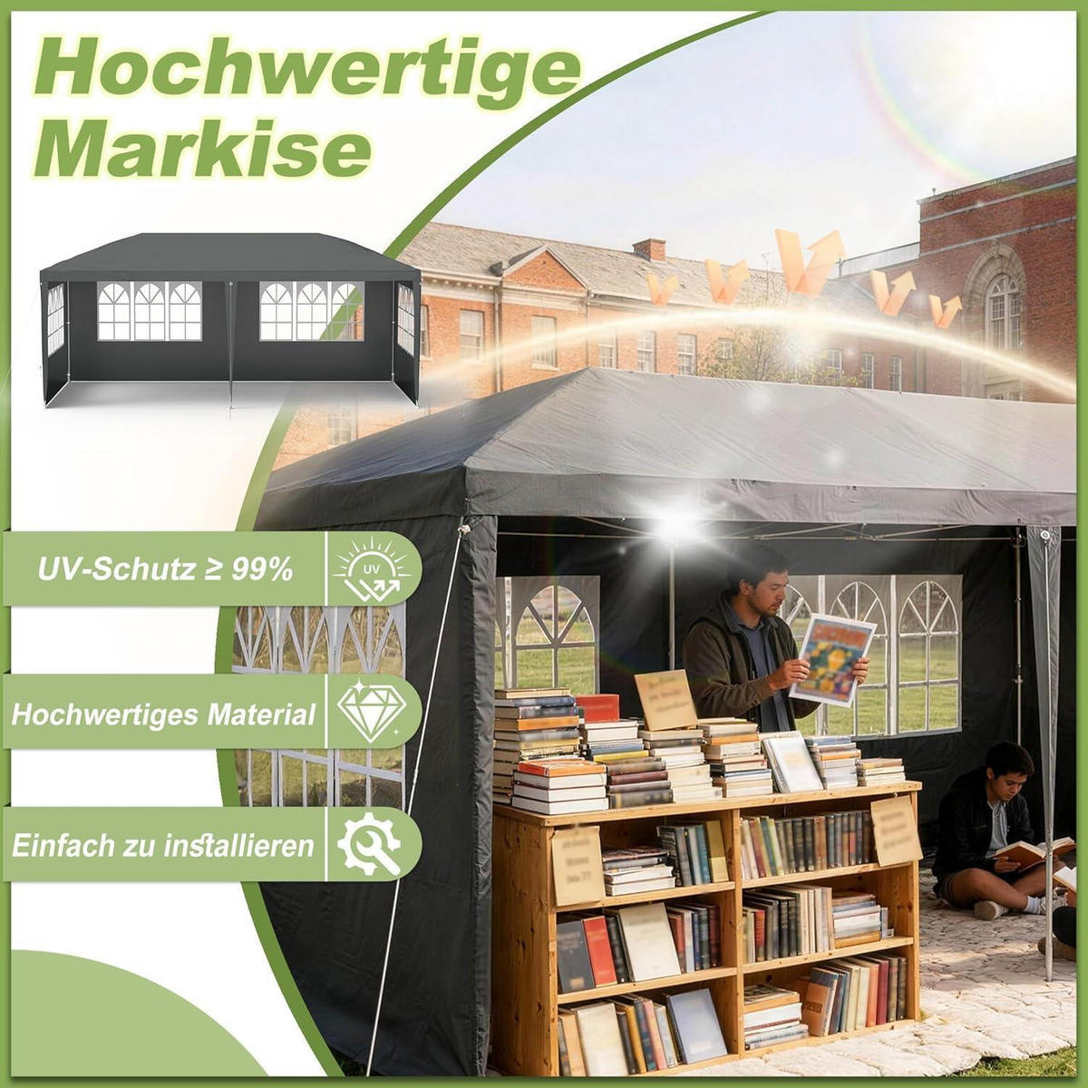 PAVILLON 3x3 m Anthrazit mit Seitenteilen und Fenstern - Anthrazit, Textil (250/300/300cm)