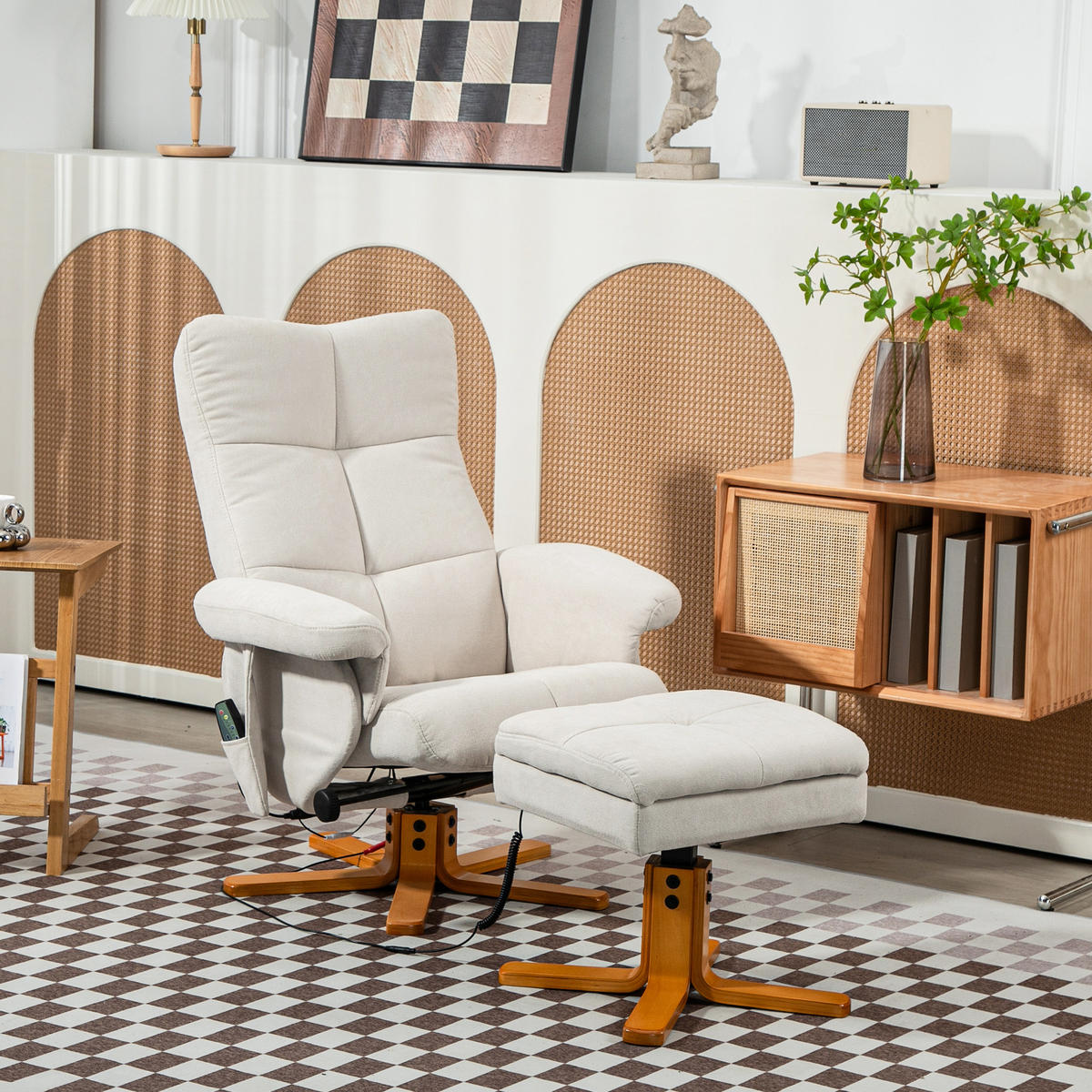 RELAXSESSEL Massagesessel mit Hocker Fernsehsessel mit Liegefunktion Cremeweiß - Creme/Braun, Holz/Textil (86/99/80cm) - HOMCOM