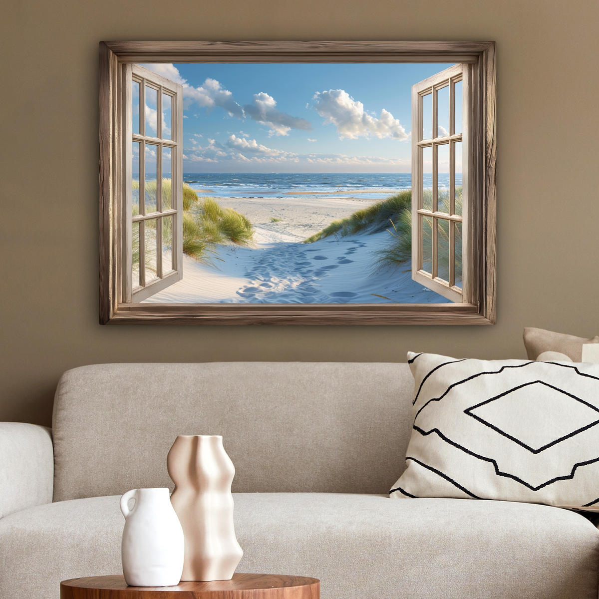 LEINWANDBILD Aussicht - Strand - Fenster - Dünen - Meer Wandbilder 80x60 cm - Hellblau, Textil (80/60cm) - MuchoWow
