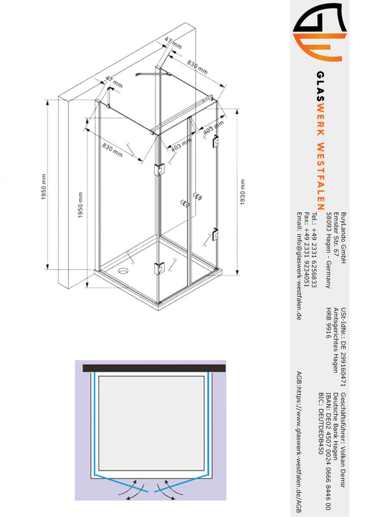 DUSCHKABINE Emma 90x90x90 x195 cm U-Form Schwarz - Schwarz, Glas (90/90/195cm) -  Glaswerk Westfalen