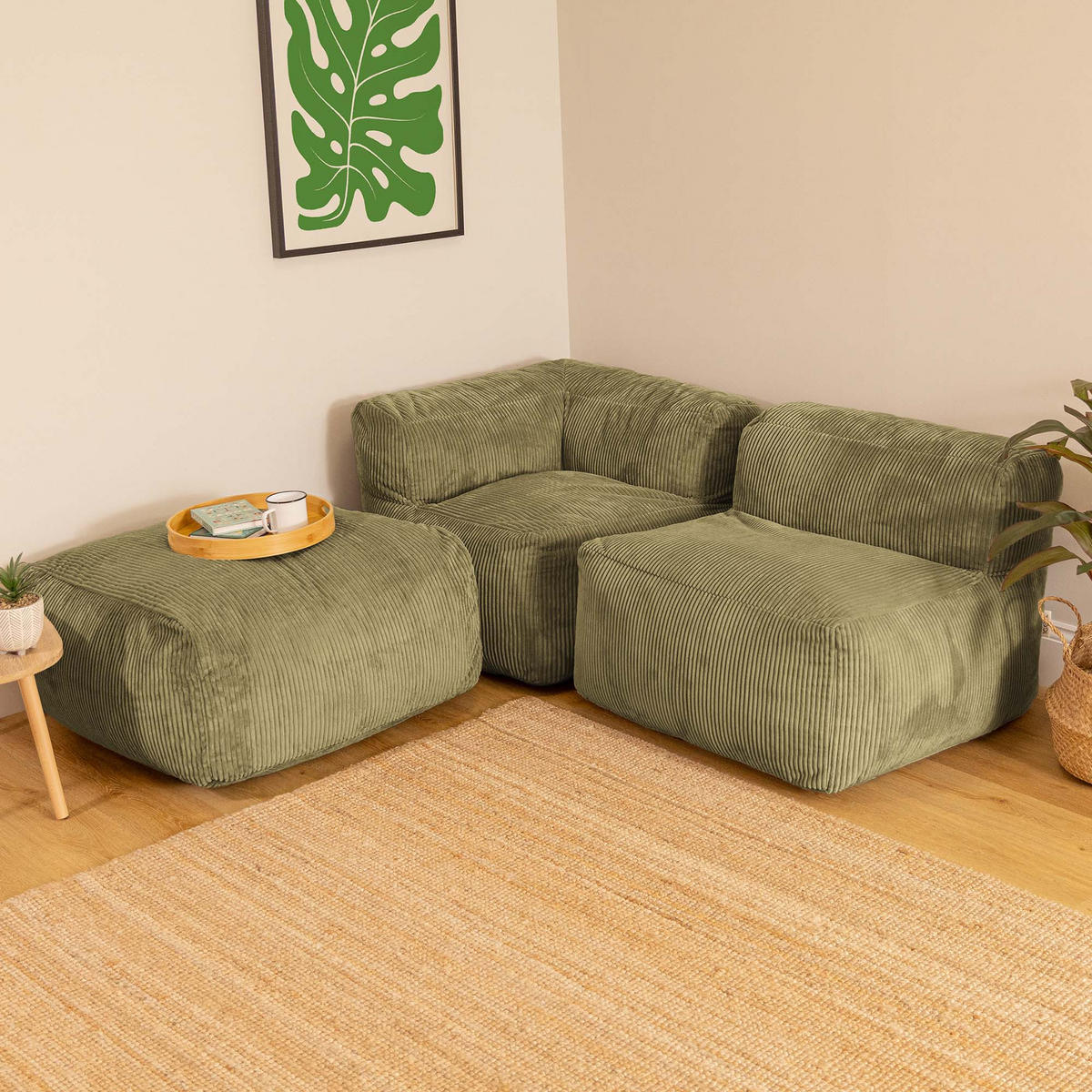 SITZSACK-SOFA 3-tlg. ZEN: Ecksessel, Sessel, Fußstütze - Grün, Textil (290/68/100cm) - icon
