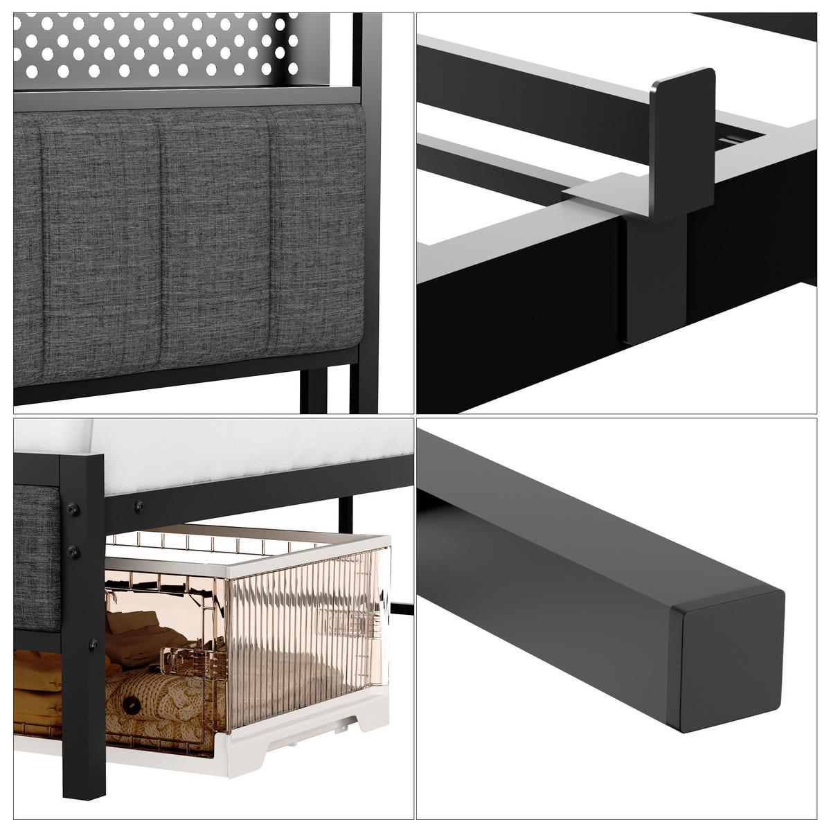 METALLBETT 140/200 cm Schwarz mit Stauraum-Kopfteil mit USB-Anschlüssen - Schwarz, Metall (140/200cm) - OKWISH