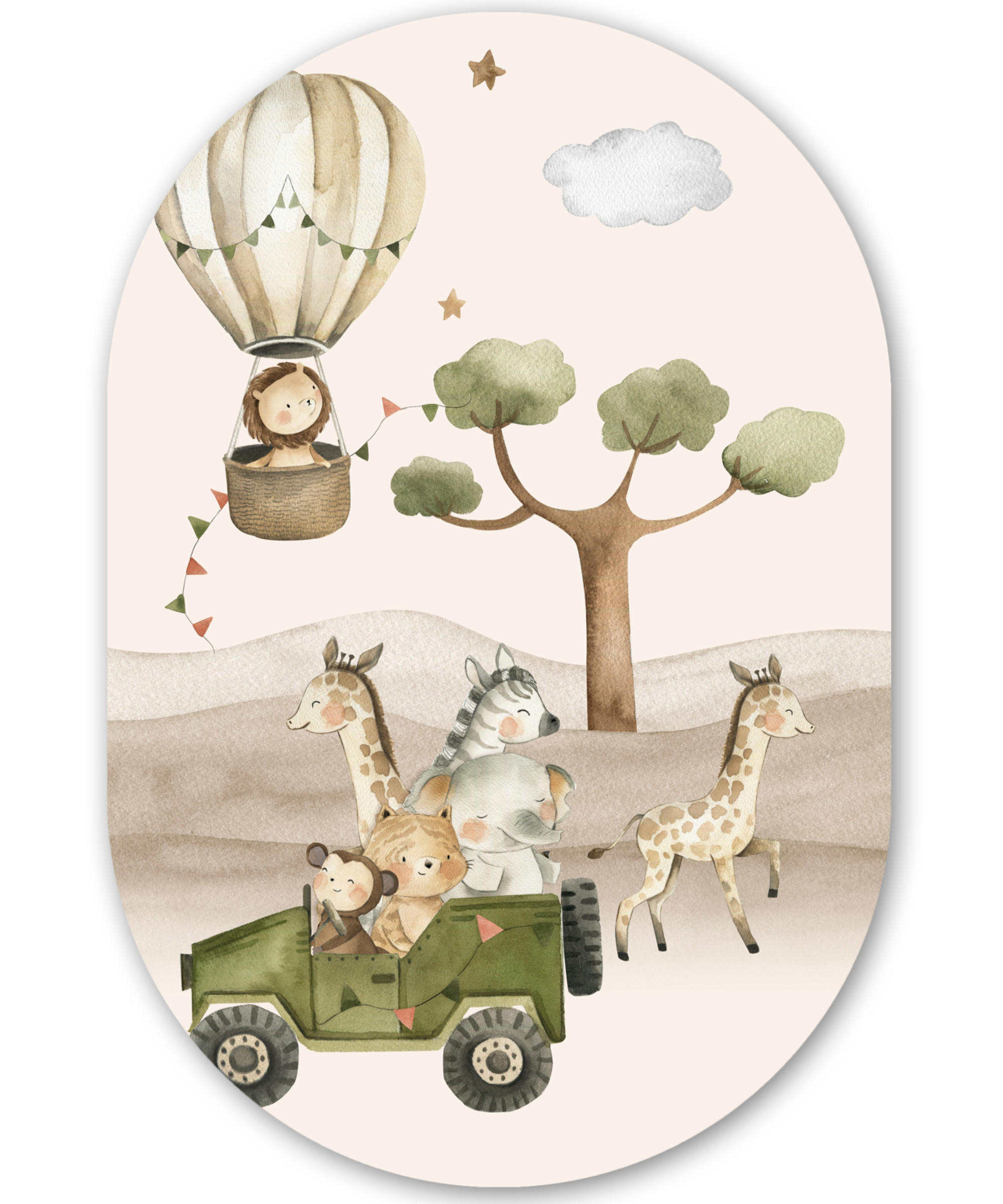 WANDBILD Wilde Tiere - Safari - Aquarell - Heißluftballon 40x60 cm - Beige, Kunststoff (40/60cm) - MuchoWow