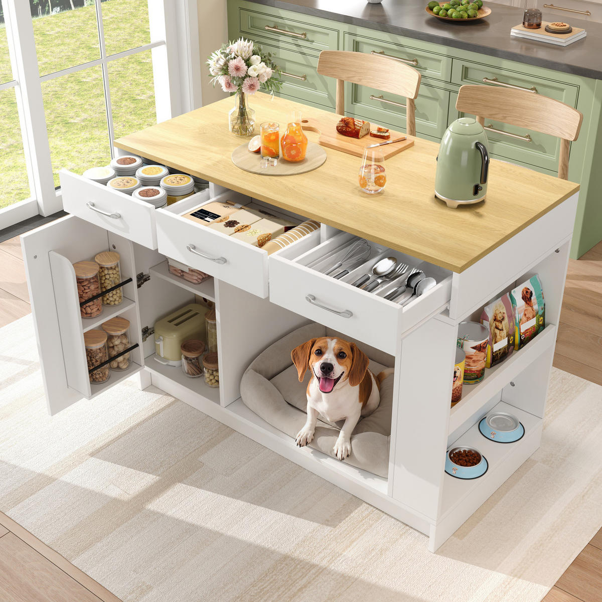 SERVIERWAGEN mit 3 Schubladen und Haustierbereich 120 x 60 x 90 cm Weiß - Wildeiche, Holz (60/90/120cm) - Beauniv