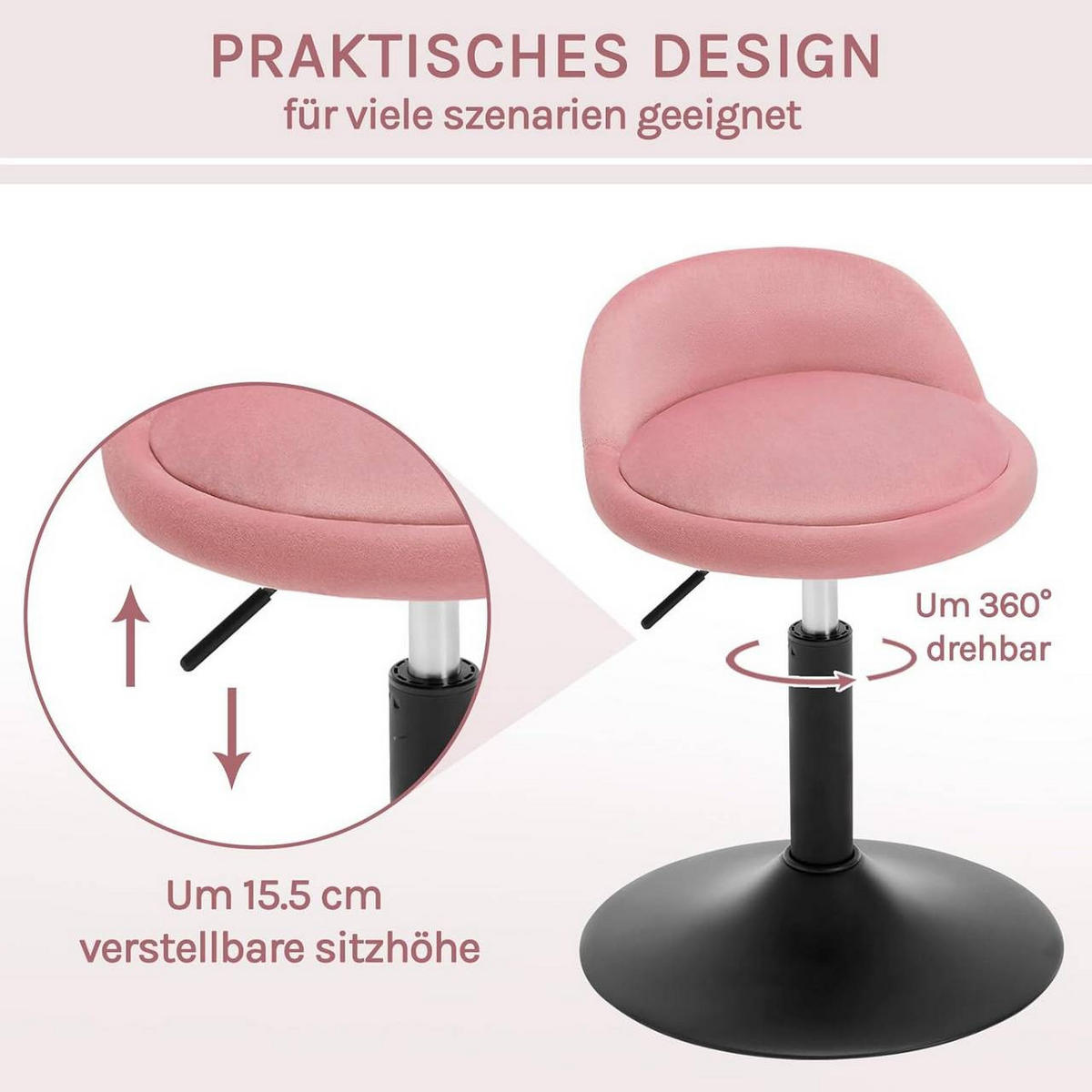 BARHOCKER 2er Set, Samt, Rosa+Schwarz - Schwarz/Rosa, Textil/Metall (38.5/49.5/43cm) - Woltu