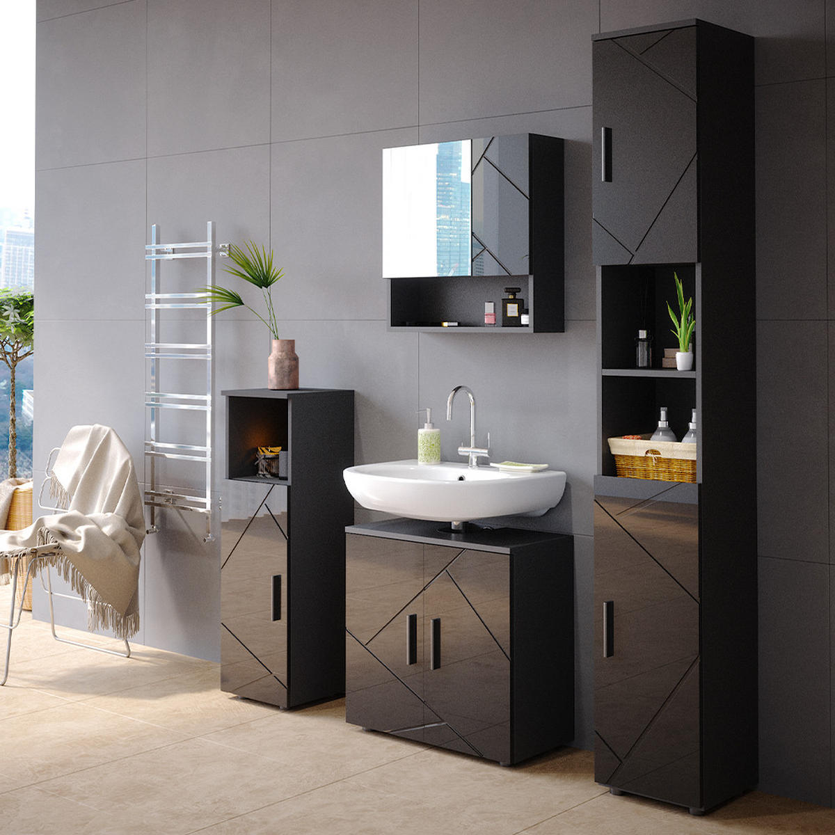 BADMÖBEL-SET Irma Anthrazit Hochglanz 4 Teile, mit Hochschrank - Anthrazit, Holzwerkstoff (80/58.6/41cm) - Vicco
