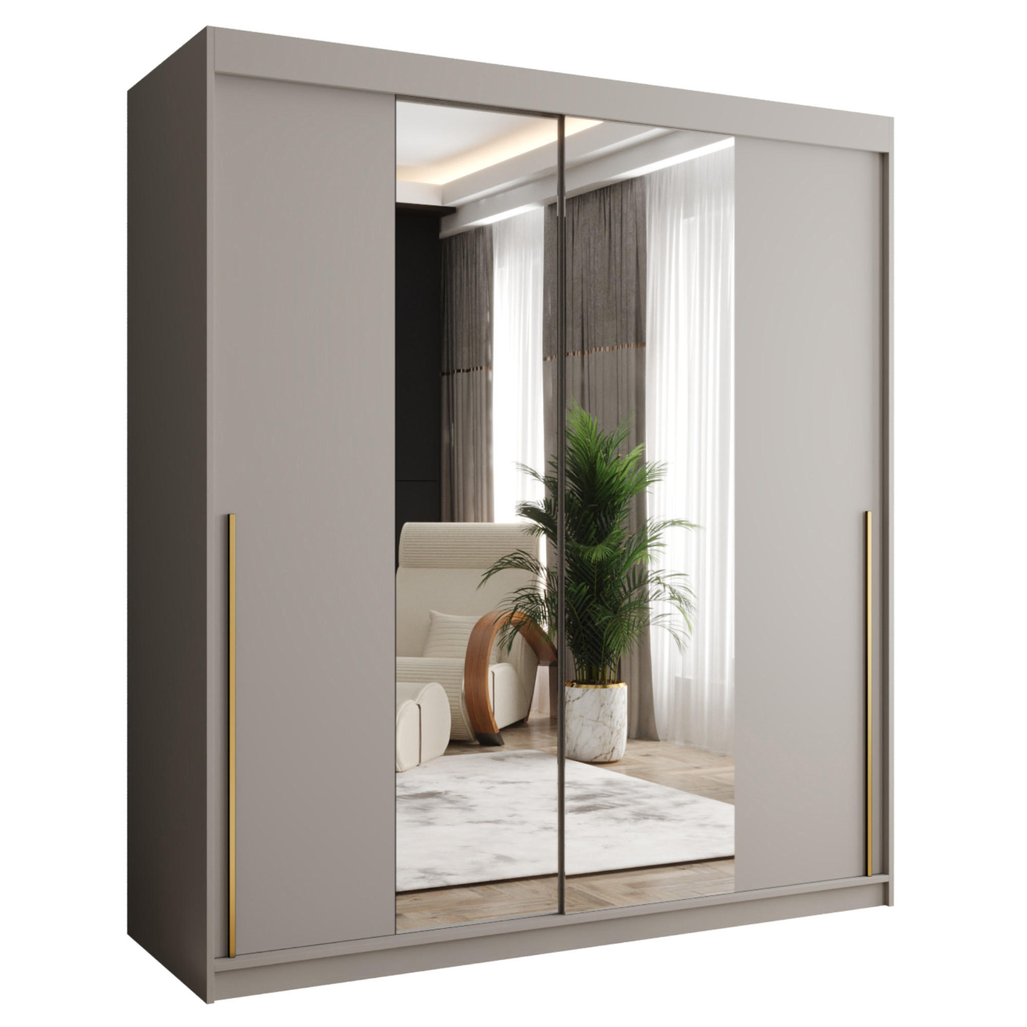 SCHIEBETÜRENSCHRANK mit Spiegel 180 cm Breite Kaschmir mit goldenem Griff - Kaschmir/Goldfarben, Holzwerkstoff (180/200/62cm) - Home Collective