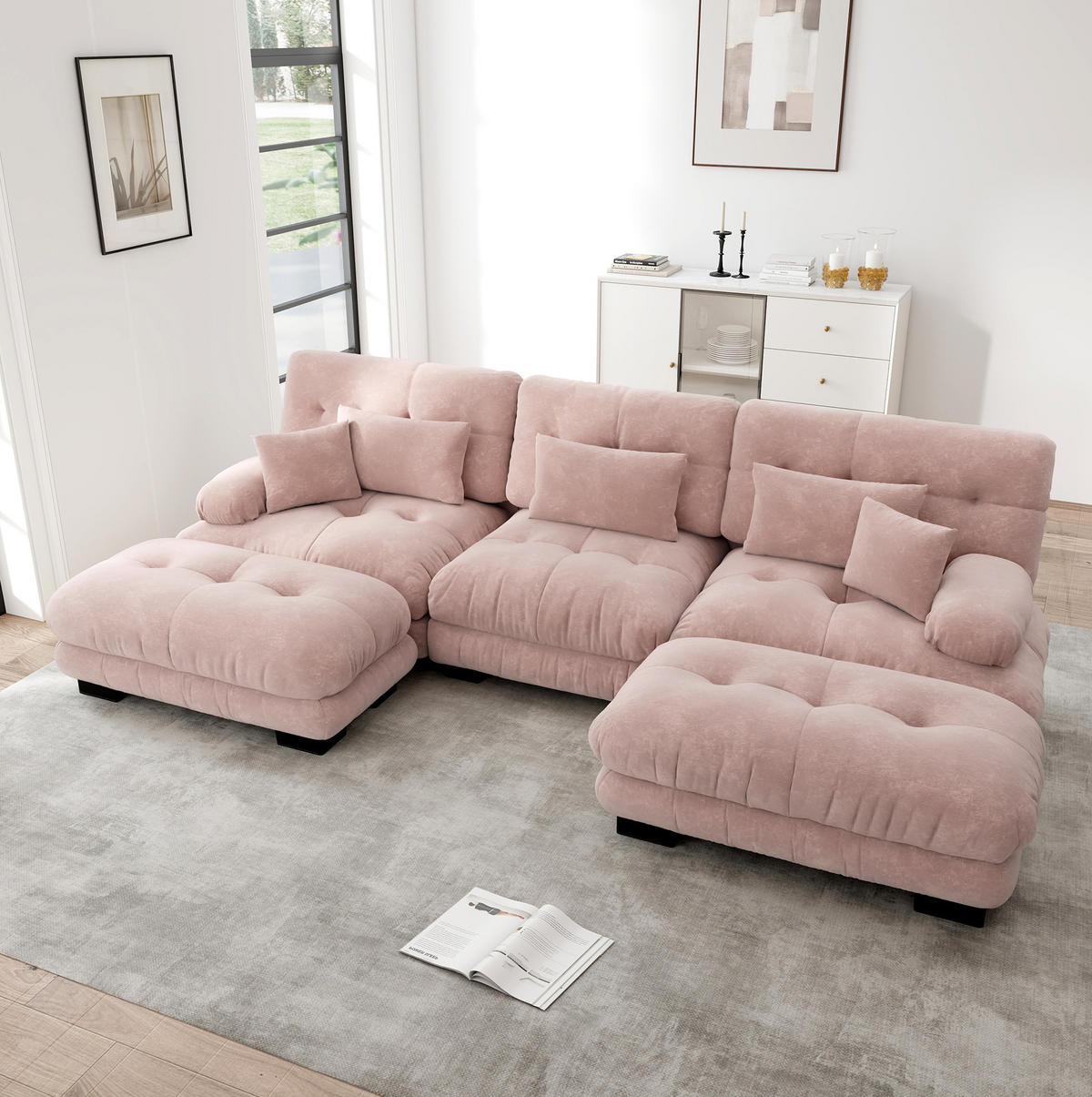 ECKSOFA 313/145/81 cm pink aus Chenille mit modularem Design, Tiefsitz und Ottomane - Pink, Textil (145/313cm) - OKWISH