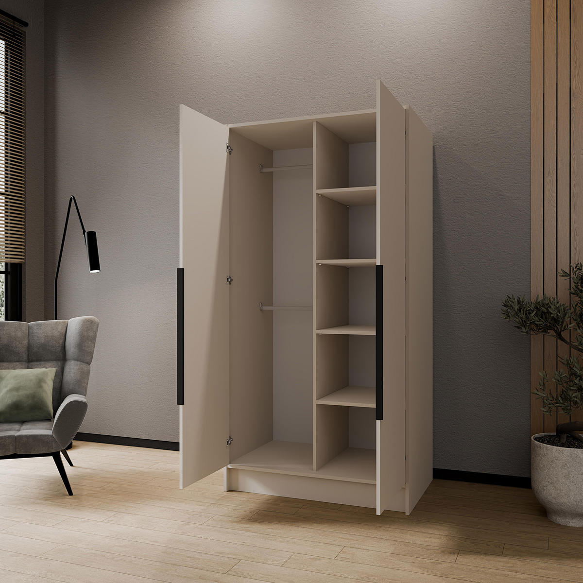 DREHTÜRENSCHRANK Laro mit Spiegel, Kaschmir mit mit schwarzen Griffen, 100 cm - Kaschmir, Holzwerkstoff (100/200/51cm) - Beautysofa