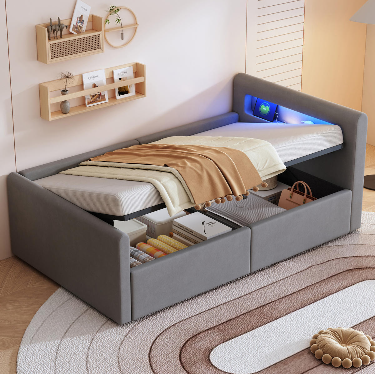POLSTERBETT Kinderbett 90/200 cm Hellgrau mit LED-Beleuchtung, Nachtlicht und USB-Ladeanschluss - Grau, Textil (90/200cm) - OKWISH