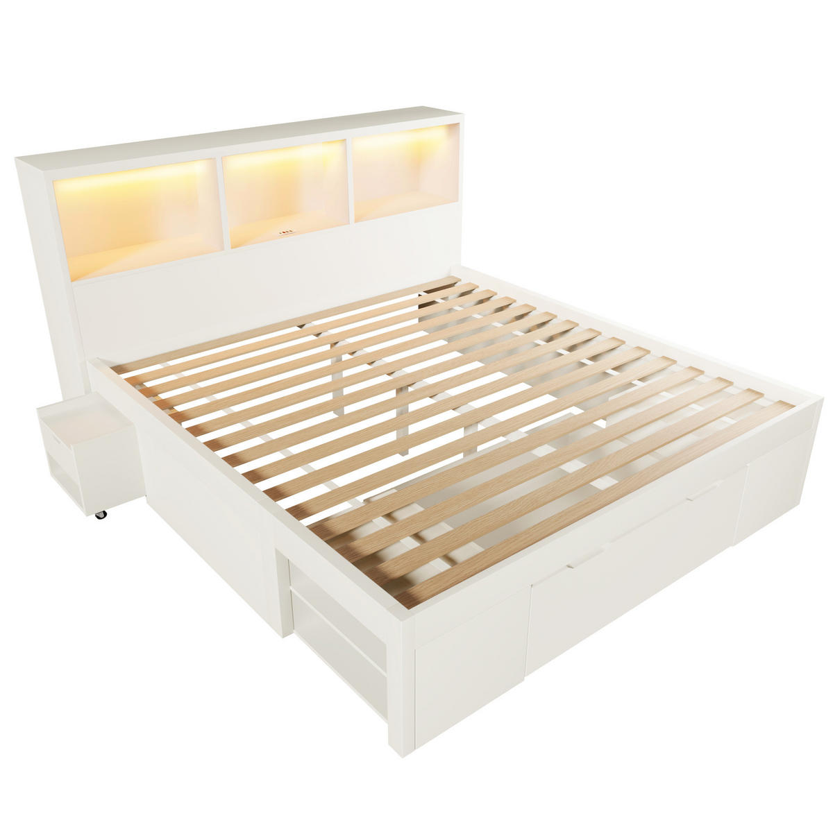 BETT 140/190 cm mit LED-Beleuchtung, USB-C, Stauraum und beweglichem Nachttisch, Weiß - Weiß, Holzwerkstoff (140/190cm) - Redom