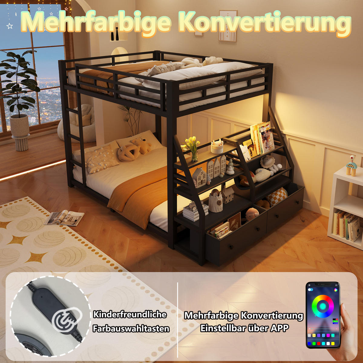ETAGENBETT 140/200 cm in Schwarz mit 2 Schubladen, LED und Ablagen Metallbett - Schwarz, Holzwerkstoff/Metall (140/200cm) - STILVORA