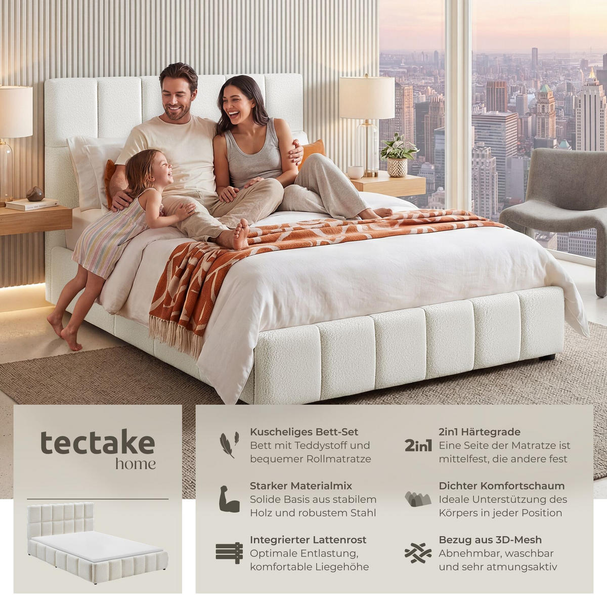 BETTSET , 250 kg Belastbarkeit, bodenschonende Kunststofffüße, Teddy creme - Creme, Holz (140/200cm) - tectake