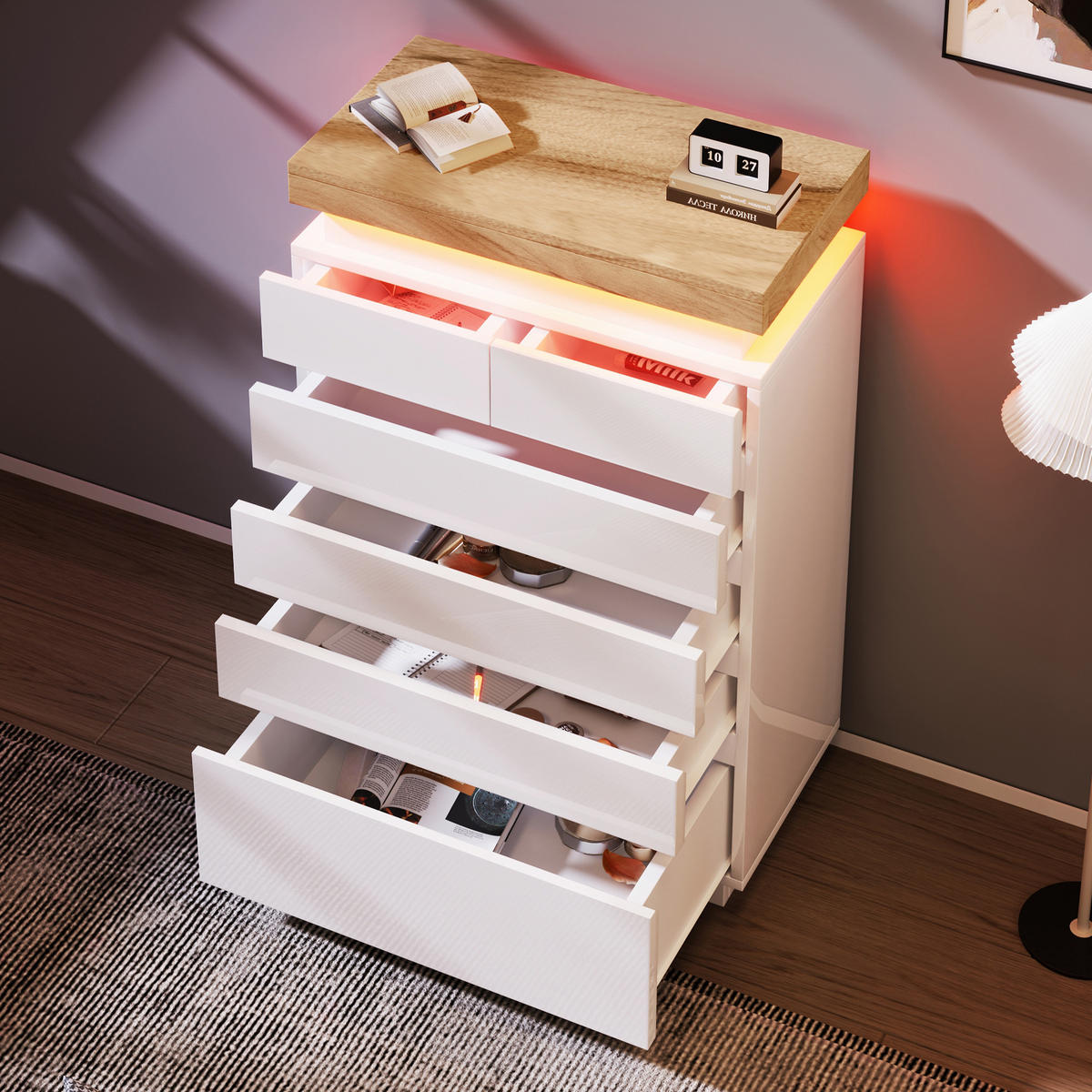 KOMMODE LED Hochglanz grifflos Touch/App 6 Schubladen 15kg leise Schienen Kippsicherung - Weiß, Holzwerkstoff (73/115/39cm) - EVRYAE