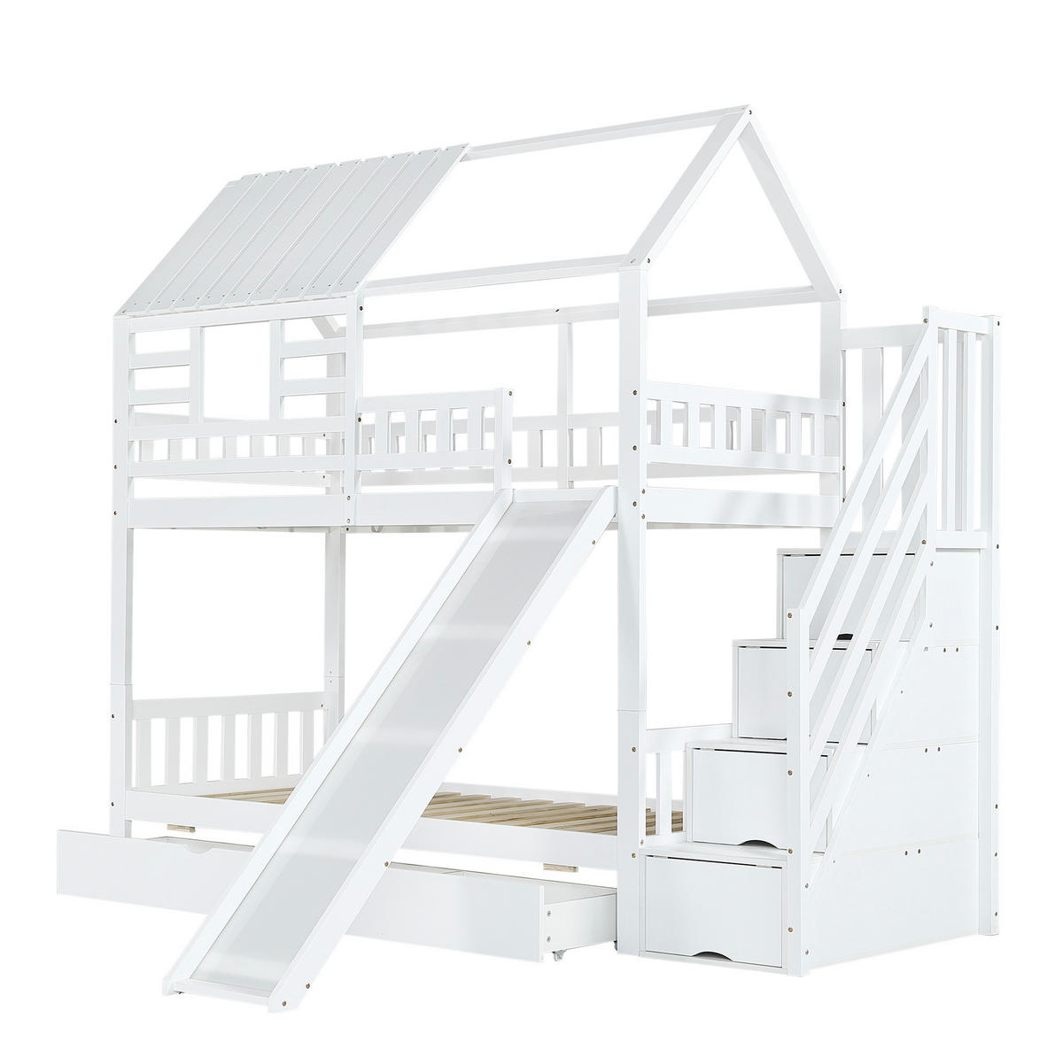 ETAGENBETT aus Kiefernholz und MDF 90x200 cm Weiß mit Stauraumtreppe, Rutsche und Schublade - Weiß, Holzwerkstoff (90/200cm) - IVMEU