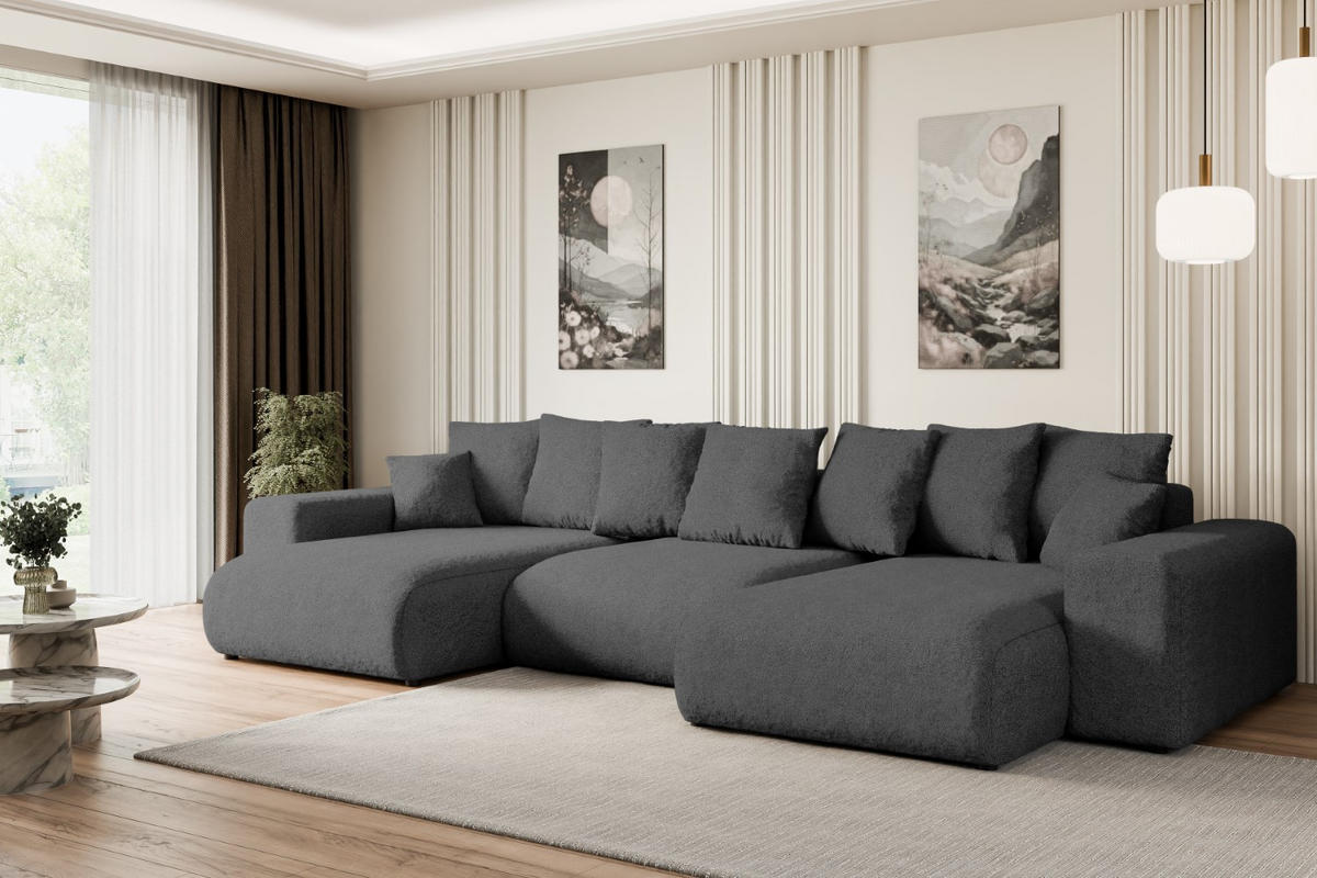 WOHNLANDSCHAFT mit Schlaffunktion und Bettkasten ESKAR-U -352x165x84cm Grau Bouclé - Schwarz/Grau, Holzwerkstoff/Kunststoff (352/84/165cm) - ALTDECOR