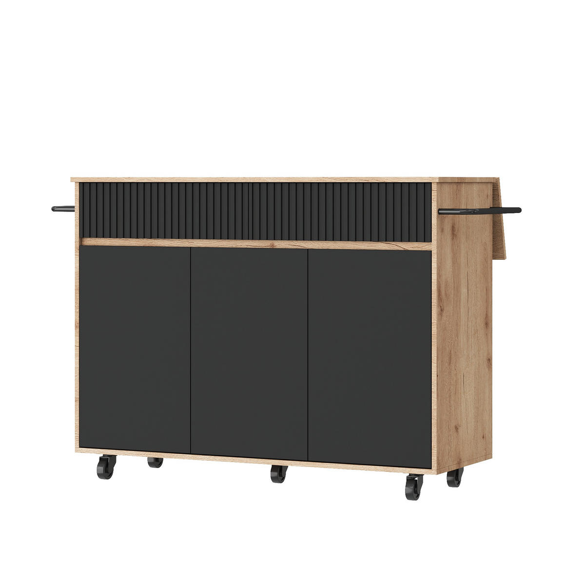 KÜCHENINSEL auf Rollen 120/65/91 cm Schwarz mit klappbarer Arbeitsplatte und 2 Schublade - Silberfarben/Schwarz, Holz/Holzwerkstoff (65/91/120cm) - Oxeza