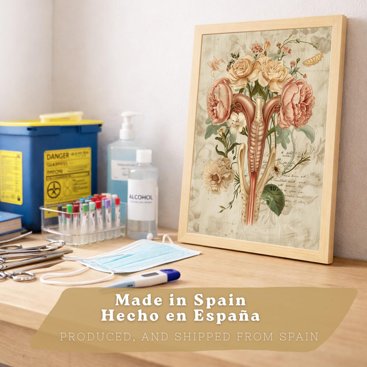 POSTER Set aus 2 Weibliche Anatomie Drucke und Wandbilder mit Gehirn und Gebärmutter Botanischer Retro Floraler Stil Größe Leichter Holzrahmen A4 - Beige, Papier (21/29.7/3cm) - Nacnic