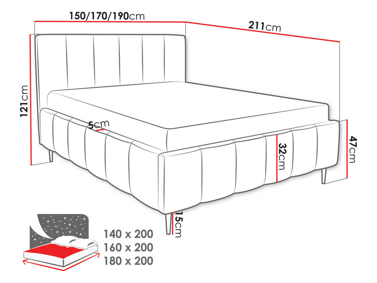 POLSTERBETT Lunaro Leg - Schwarz/Braun, Holz/Textil (160/200cm) - MIRJAN24