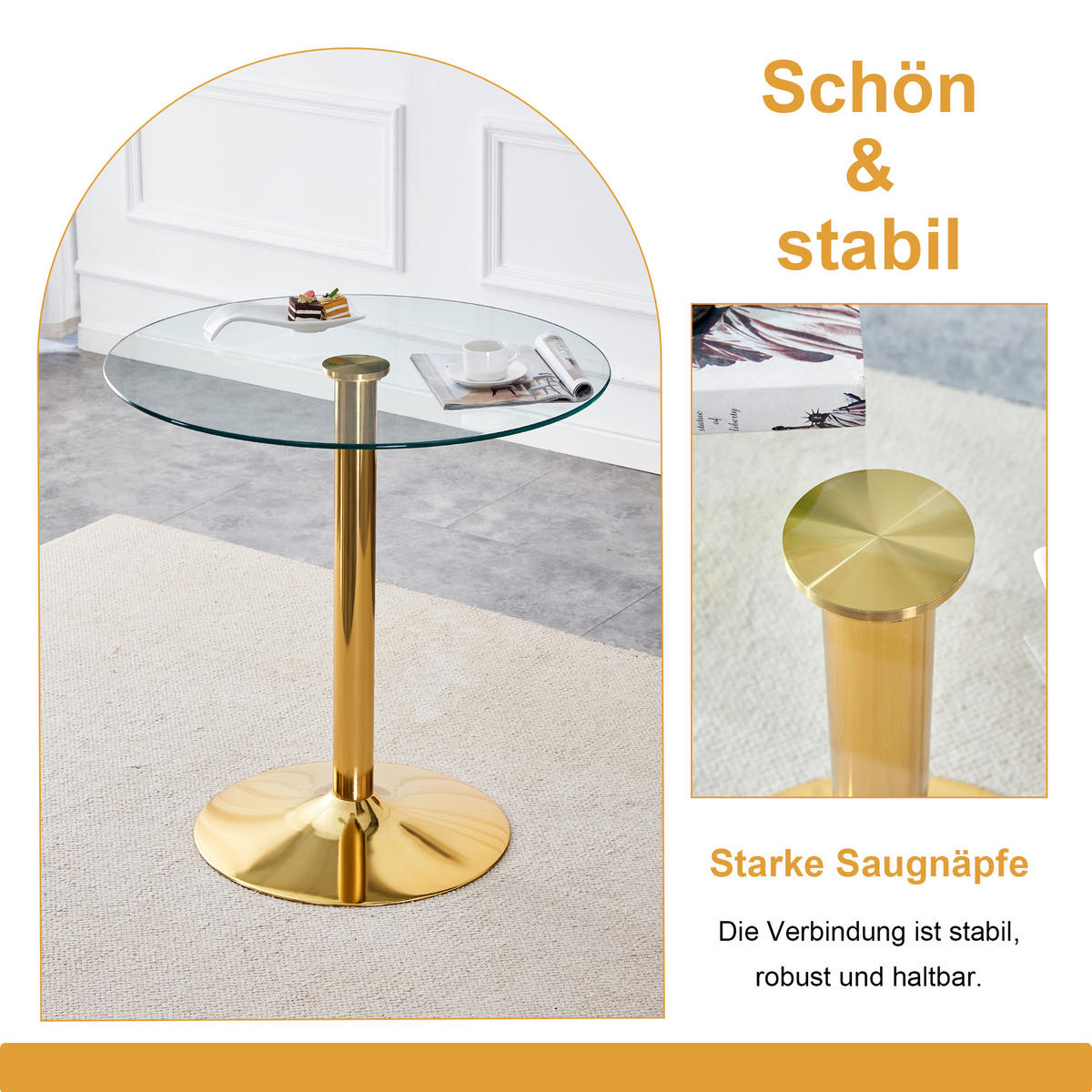 BARTISCH-SET DE-39404 3-teilig, Glastisch und 2 Hocker Gold - Goldfarben, Metall (89/92/89cm) - ComfortXL