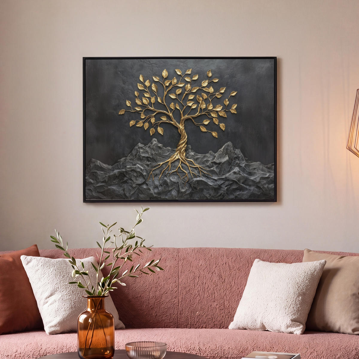 LEINWAND Bilder mit Rahmen - Blätter - Gold - Baum - Fels - 70x50 - Schwarz, Textil (70/50cm) - MuchoWow